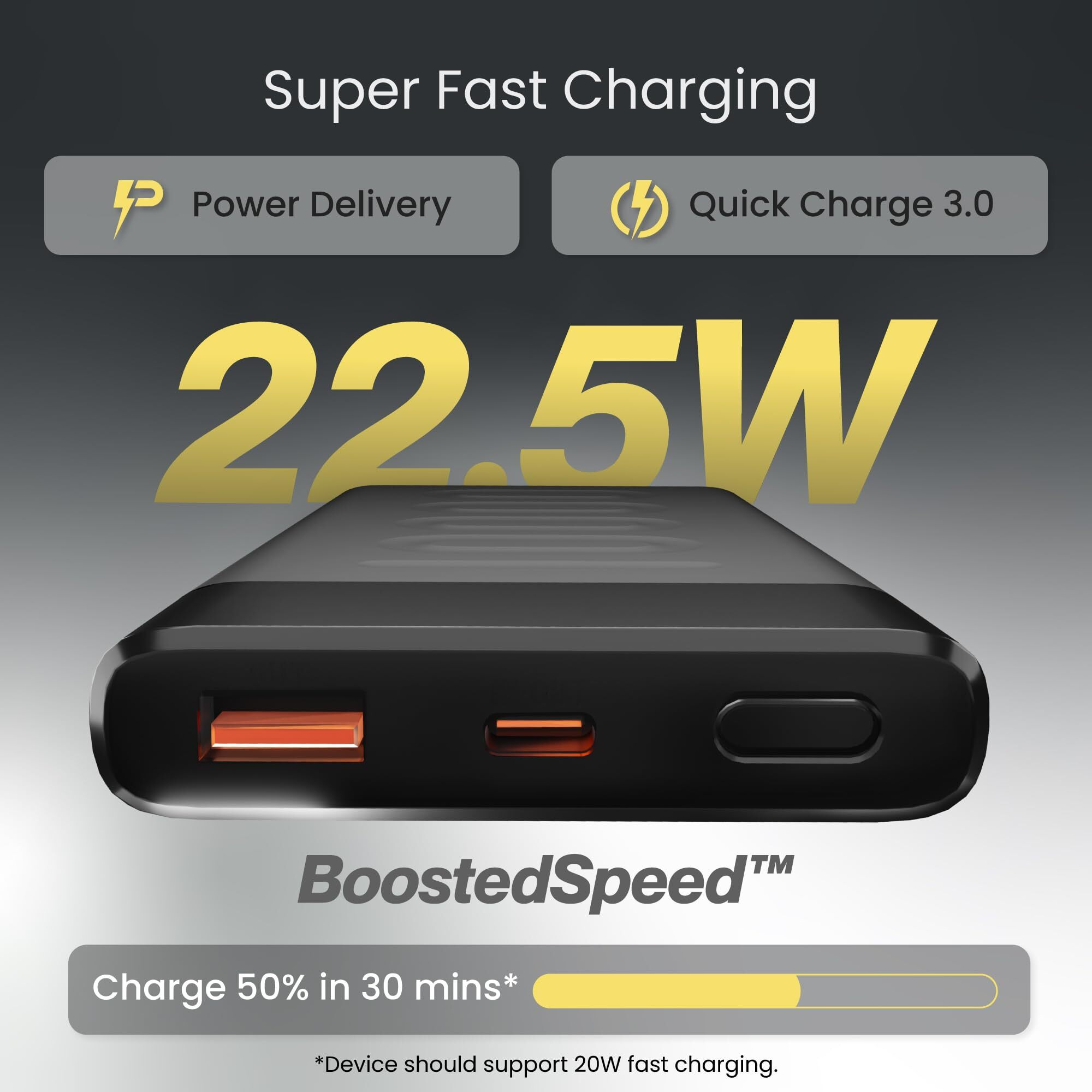 Ambrane 10000mAh Slim & Compact Powerbank, 22.5W Fast Charging, USB & Type C Output, Power Delivery, Quick Charge for iPhone, Android & Other Devices, Made in India + Type C Cable (Stylo 10, Black)