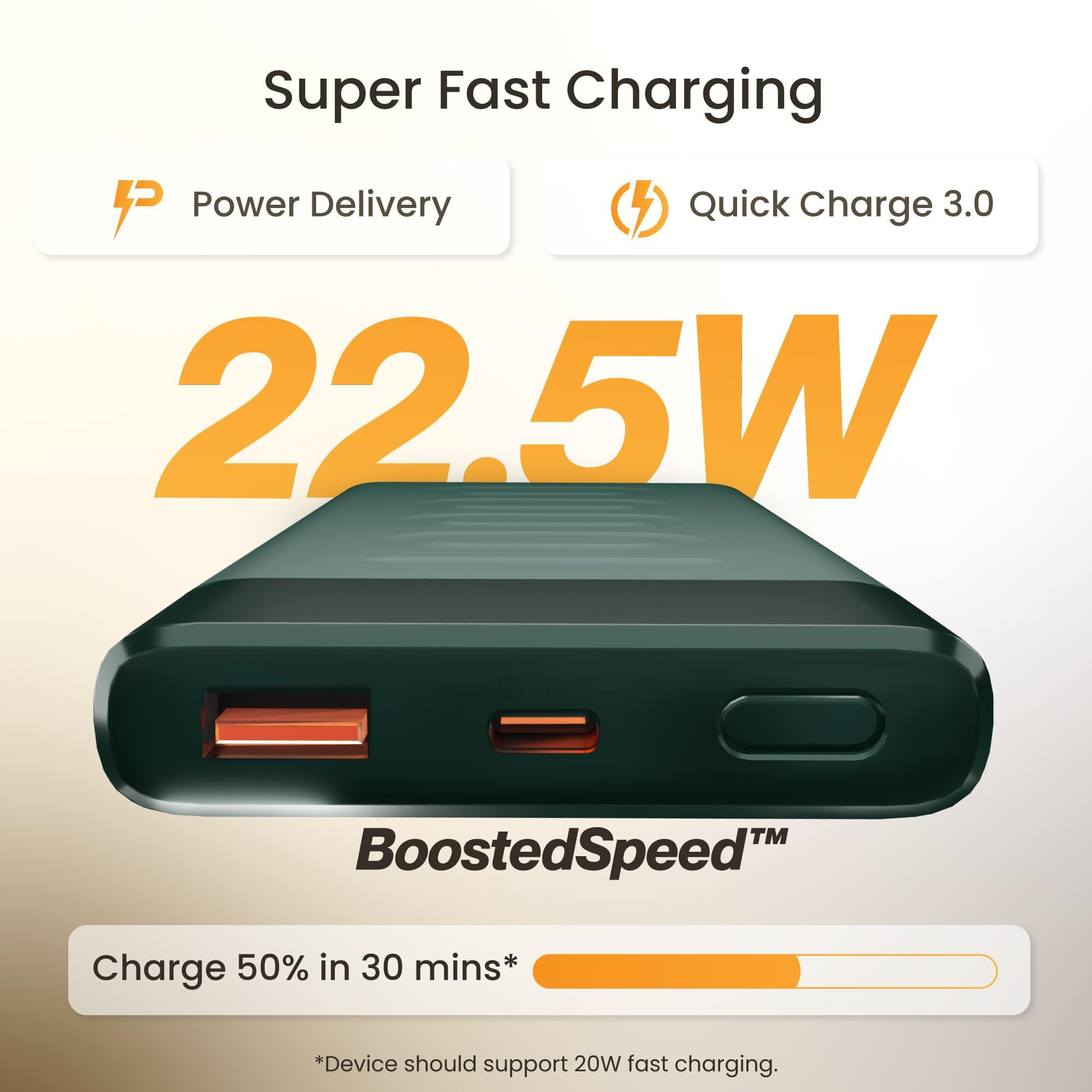 Ambrane 10000mAh Slim & Compact Powerbank, 22.5W Fast Charging, USB & Type C Output, Power Delivery, Quick Charge for iPhone, Android & Other Devices, Made in India + Type C Cable (Stylo 10, Green)
