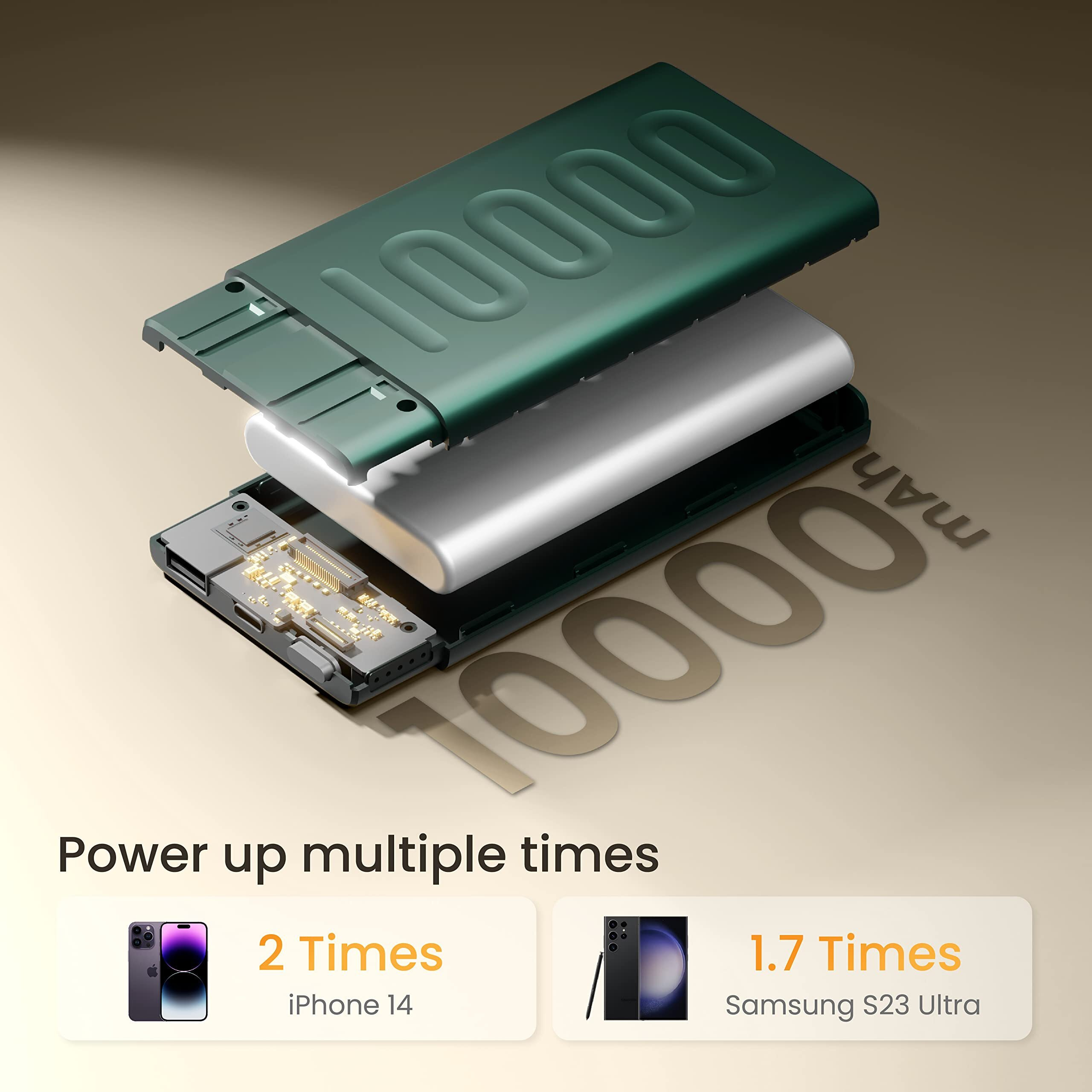 Ambrane 10000mAh Slim & Compact Powerbank, 22.5W Fast Charging, USB & Type C Output, Power Delivery, Quick Charge for iPhone, Android & Other Devices, Made in India + Type C Cable (Stylo 10, Green)