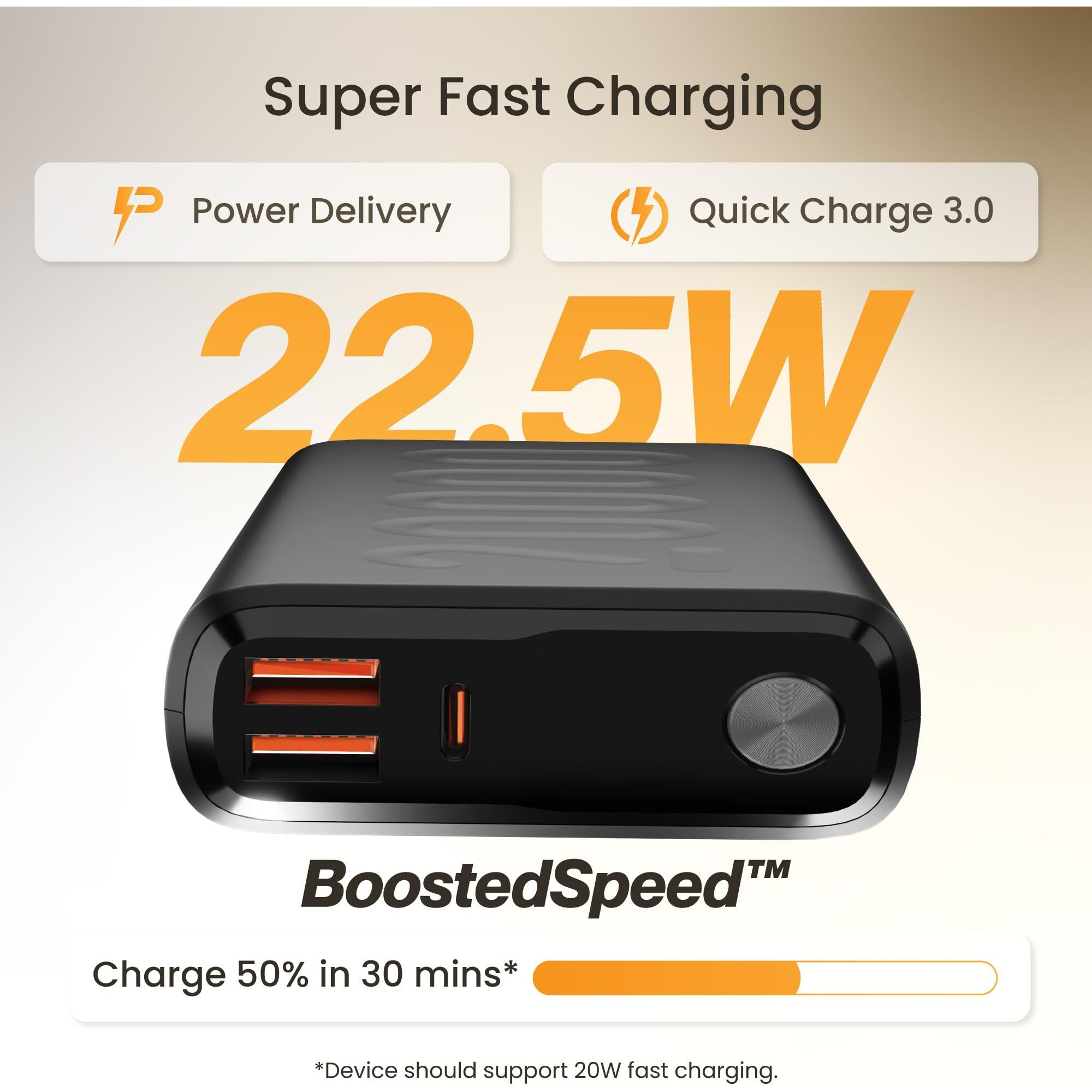 Ambrane 20000mAh Powerbank, 22.5W Fast Charging, Triple Output (2 USB & 1 Type C), Power Delivery, Quick Charge for iPhone, Android & Other Devices, Made in India + Type C Cable (Stylo 20, Black)