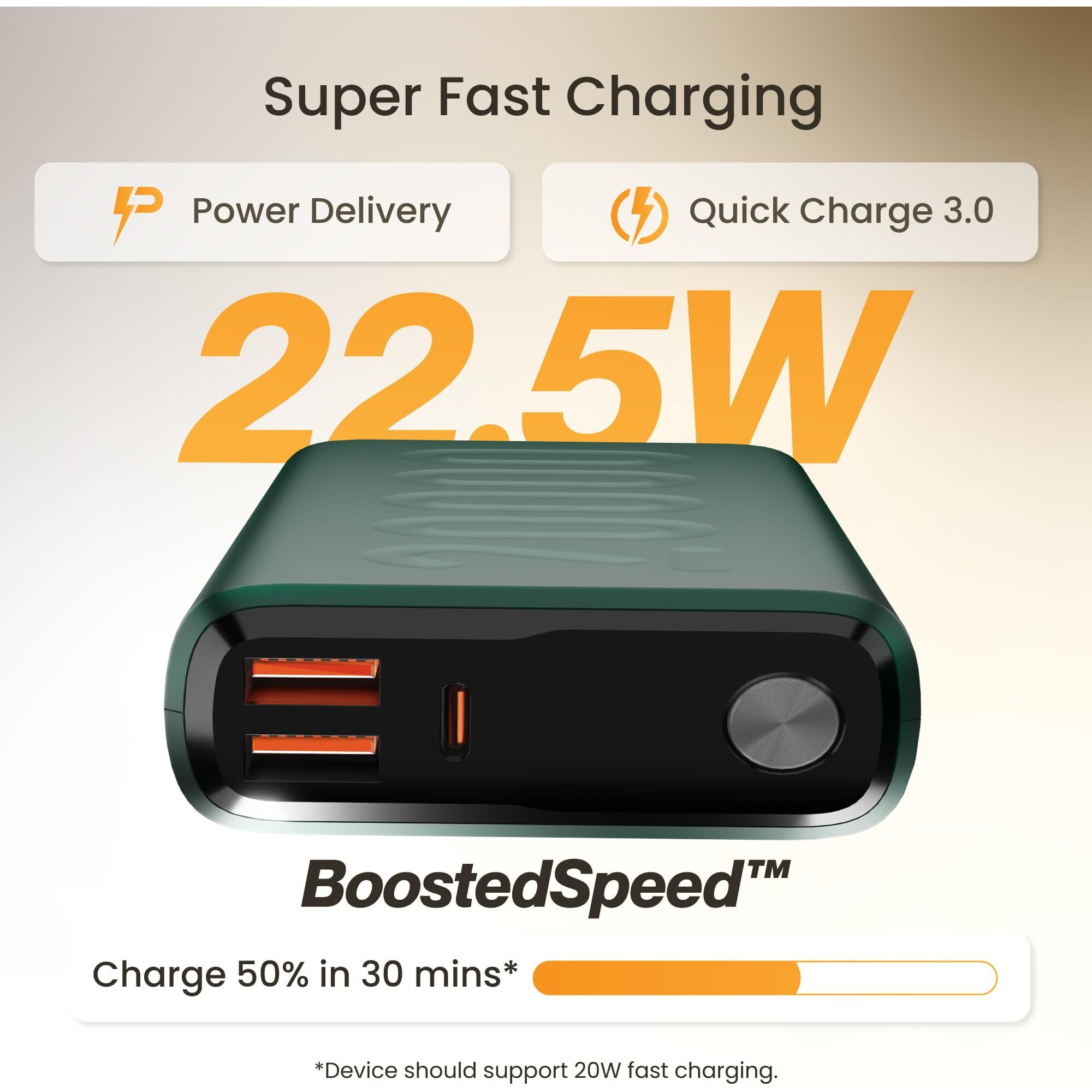 Ambrane 20000mAh Powerbank, 22.5W Fast Charging, Triple Output (2 USB & 1 Type C), Power Delivery, Quick Charge for iPhone, Android & Other Devices, Made in India + Type C Cable (Stylo 20, Green)