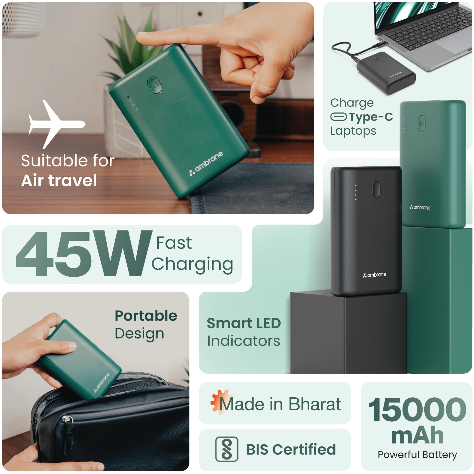 Ambrane 45W Fast Charging Powerbank Emergency use for MacBook & Type C Laptops, 15000mAh, 1 USB & 2 Type C, Power Delivery, Quick Charge for iPhone, Android & Other Devices, (Powerlit 45, Green)