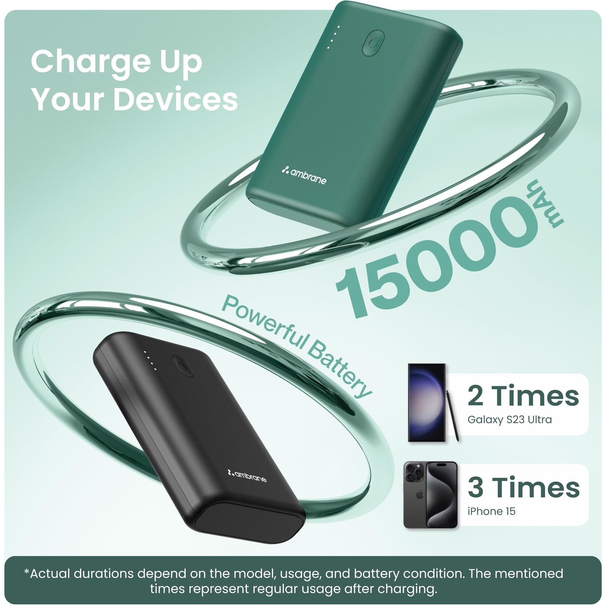 Ambrane 45W Fast Charging Powerbank Emergency use for MacBook & Type C Laptops, 15000mAh, 1 USB & 2 Type C, Power Delivery, Quick Charge for iPhone, Android & Other Devices, (Powerlit 45, Green)