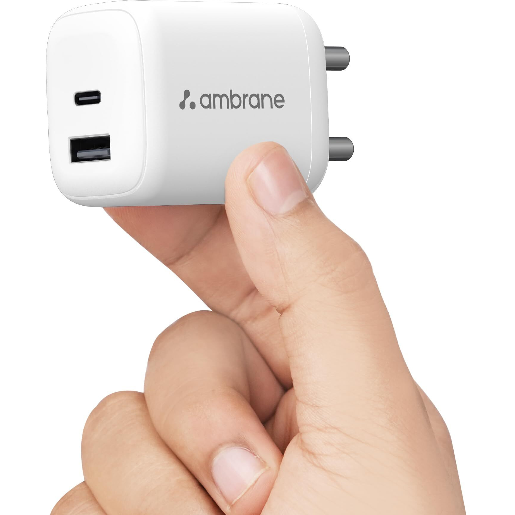 Ambrane 45W Dual Port GaN Charger, USB & Type C Port with QC & PD Technology Compatible with MacBook & Type-C Laptop Charging, iPhone, iPad, Samsung, Redmi, Mi, Oneplus, Oppo, Vivo (Charge 45, White)