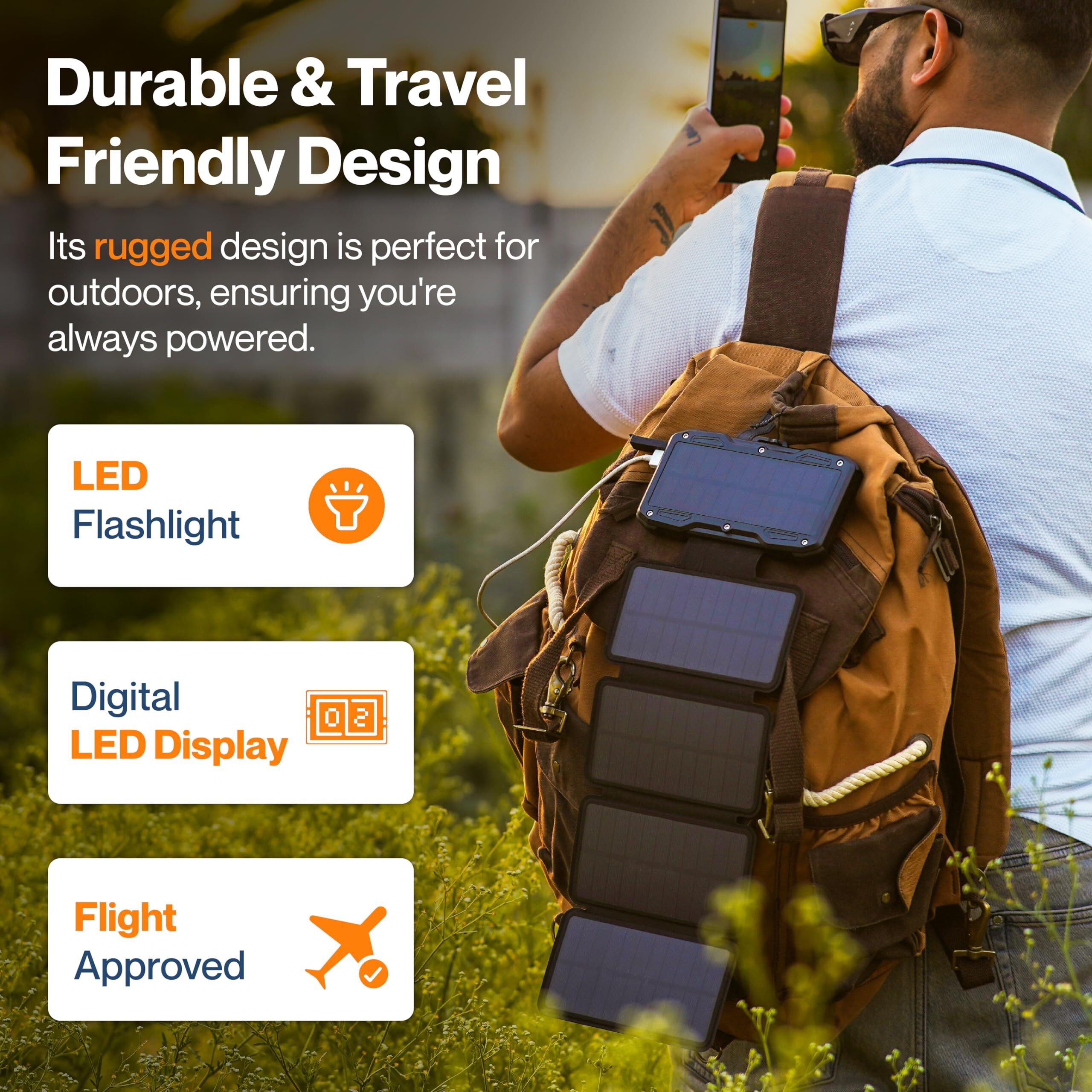 Ambrane Solar Powerbank 10000mAh with 5 Solar Panels, 5 Days Recharge time in Sunlight, 22.5W Fast Charging, USB & Type C Output for iPhone, Android & Other Devices, Led Flashlight (Solar 10k, Black)