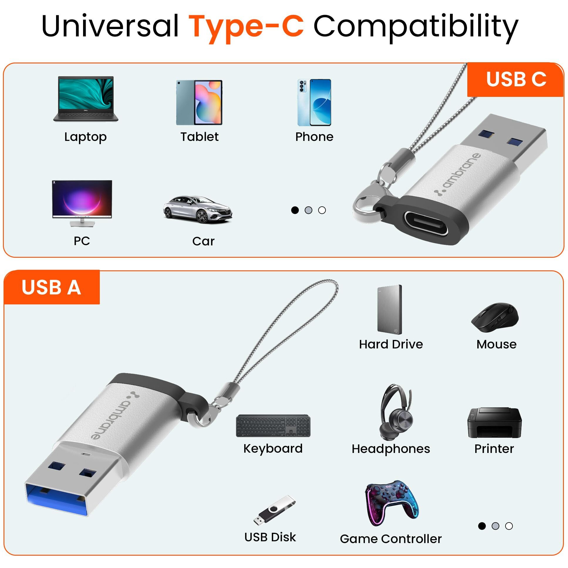 AMBRANE USB Type C Female to USB Male OTG Adapter with 5 Gbps High-Speed Data Transfer, Compatible with Laptops, Tablets, Smartphone, Chargers and More Devices (AOTG-A1, Grey)