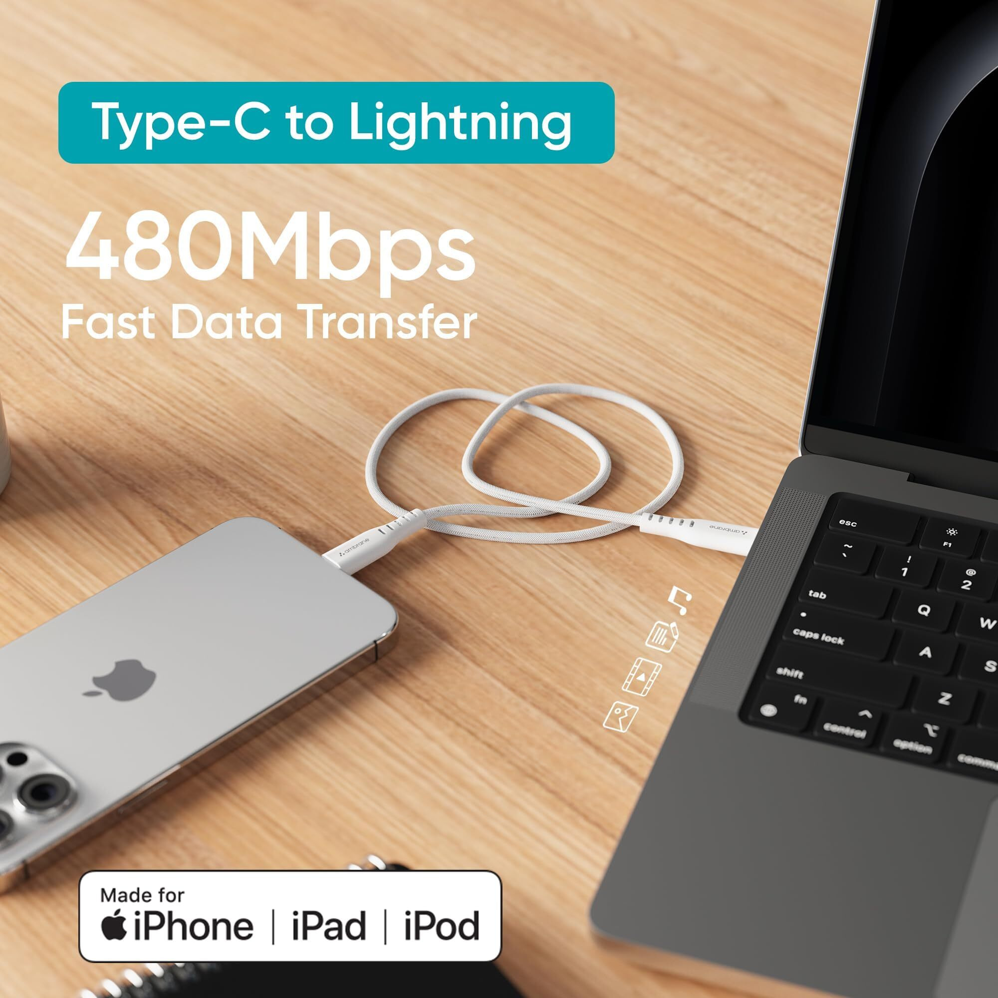 Ambrane Mfi Certified Type C To Lightning Cable, 27W Fast Charging For Iphone 14/13/12/11/X/8/7/6, Ipad & Airpods, 480Mbps Data Sync, Durable Braided Design, Car/Travel-Friendly, 3.9Ft (1.2M), White