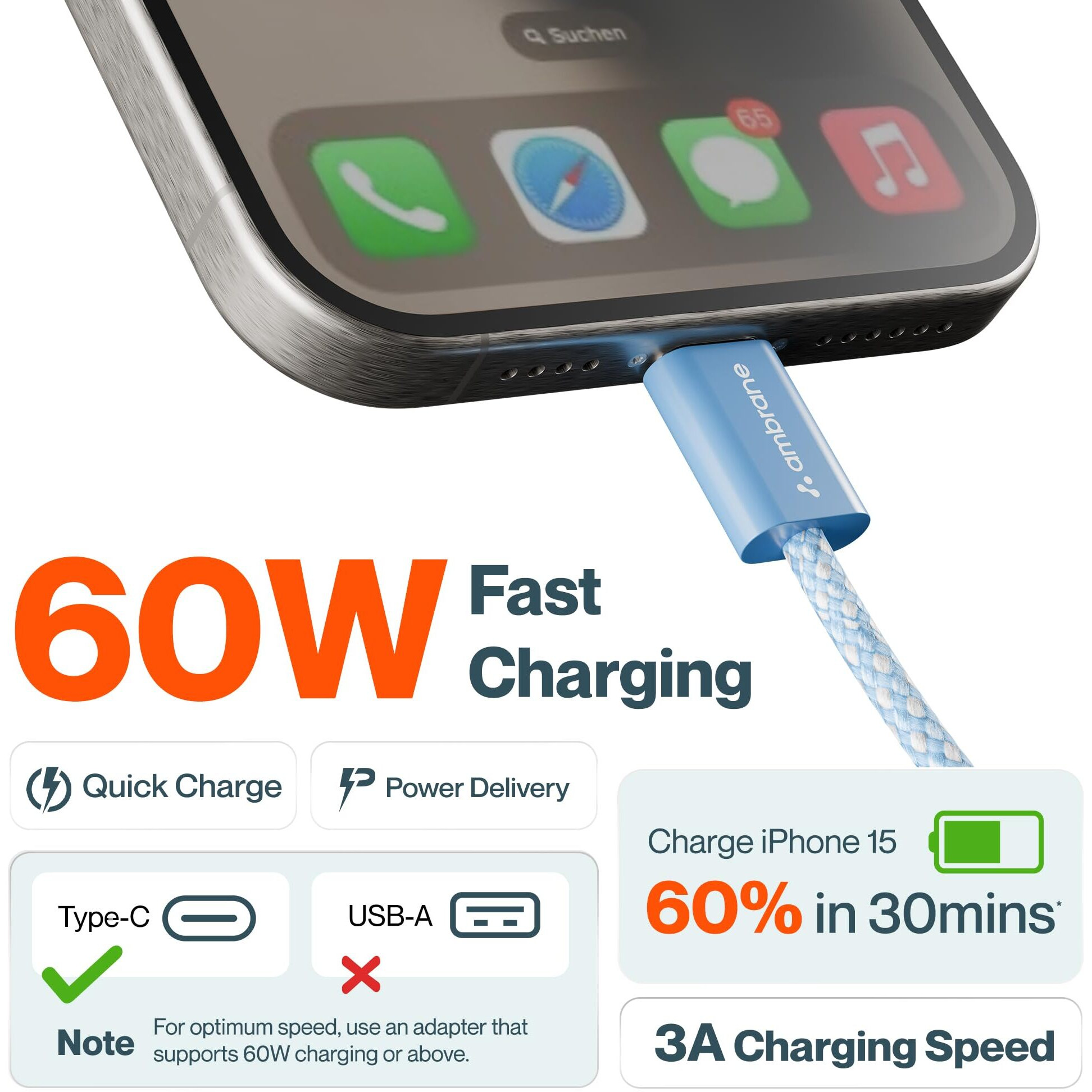 Ambrane 60W Type-C to Type-C Fast Charging Cable for Smartphones, Tablets, Laptops, iPhone 15 & other Type C devices, PD Technology, 480Mbps Data Sync, 1.2M (ABCC-60, Black)