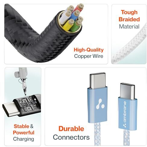 Ambrane 60W Type-C to Type-C Fast Charging Cable for Smartphones, Tablets, Laptops, iPhone 15 & Other Type C Devices, PD Technology, 480Mbps Data Sync, 1.2M (ABCC-60, Purple)