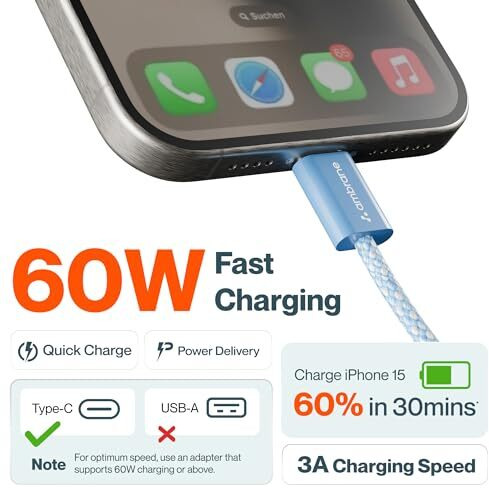 Ambrane 60W Type-C to Type-C Fast Charging Cable for Smartphones, Tablets, Laptops, iPhone 15 & Other Type C Devices, PD Technology, 480Mbps Data Sync, 1.2M (ABCC-60, Purple)
