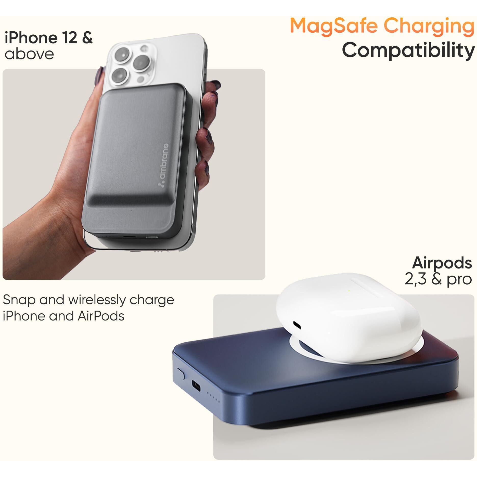 Ambrane MagSafe Wireless 10000mAh Fast Charging Power Bank, Premium Metallic Body, Strong Magnet, 20W Output for iPhone 12 & Above, Android & Other Qi Enabled Devices (Aerosync PB Prime, Blue)
