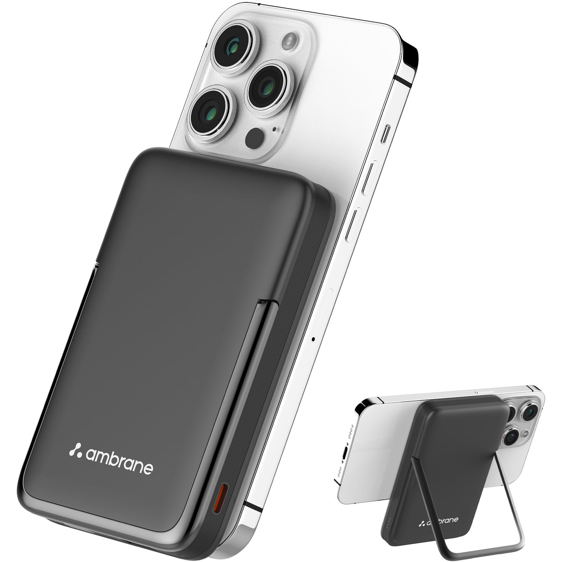 Ambrane 10000mAh MagSafe Powerbank with Stand 22.5W Wired & 15W Wireless Fast Charging Dual Input (Type-C & Lightning) | Triple Output | Strong Magnetic for iPhone 12+, Android Devices (PB 11, Black)