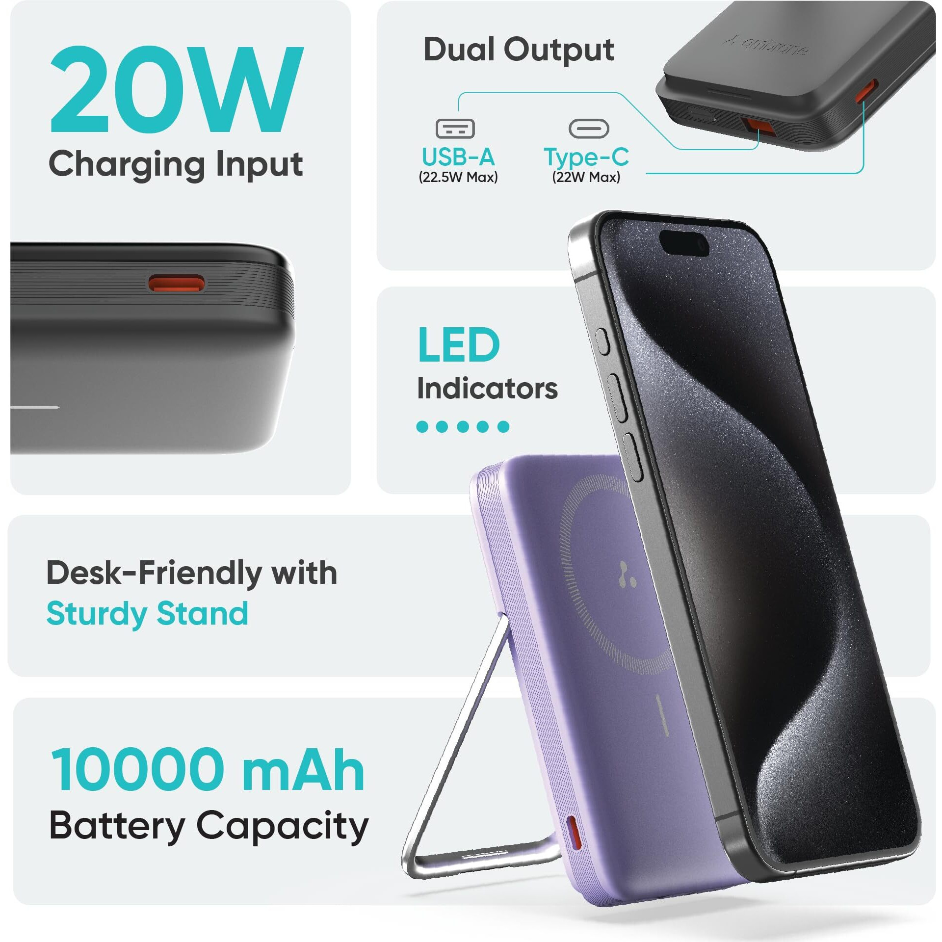Ambrane 10000mAh MagSafe Powerbank with Stand 22.5W Wired & 15W Wireless Fast Charging Dual Input (Type-C & Lightning) | Triple Output | Strong Magnetic for iPhone 12+, Android Devices (PB 11, Black)