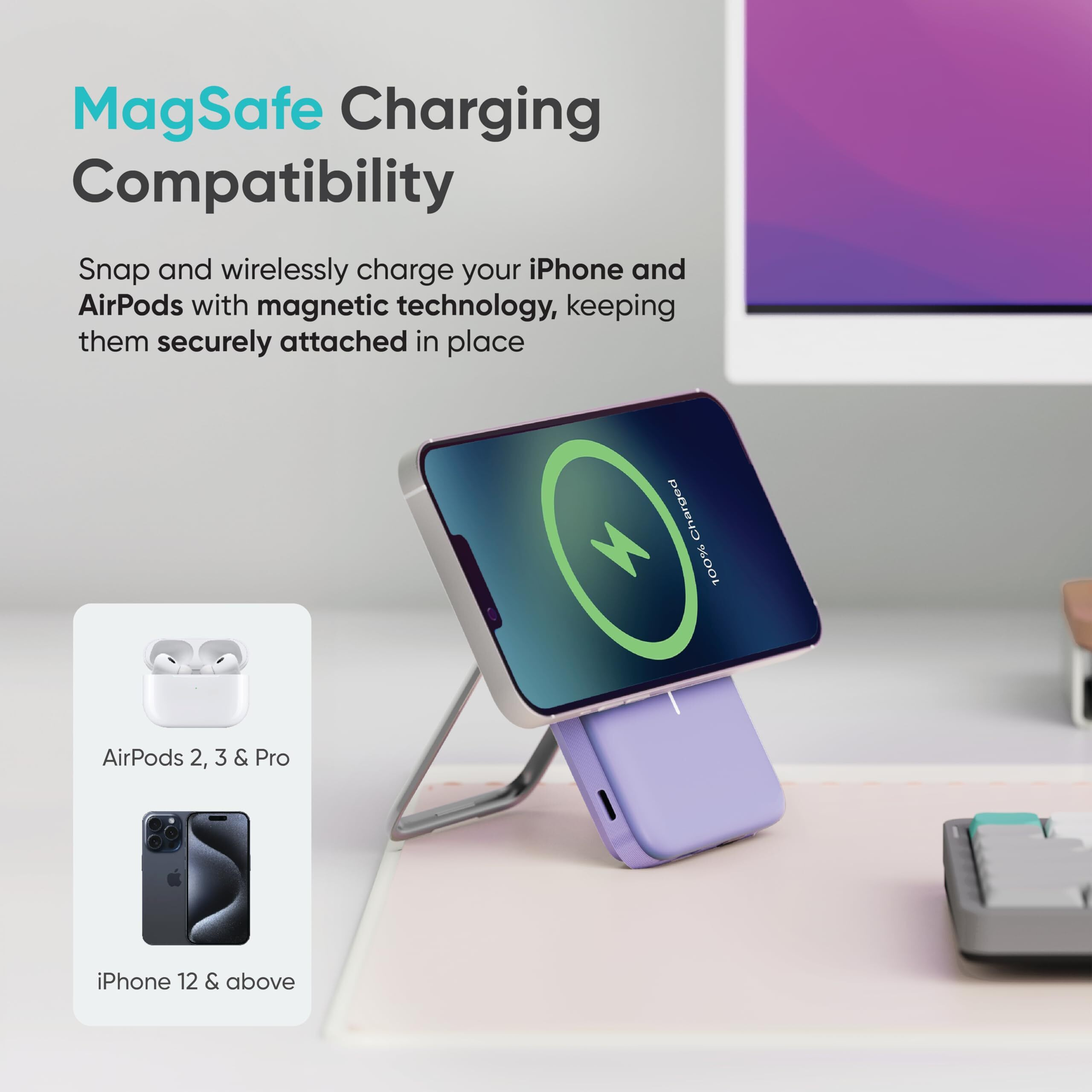 Ambrane 10000mAh MagSafe Powerbank with Stand 22.5W Wired & 15W Wireless Fast Charging Dual Input (Type-C & Lightning) | Triple Output | Strong Magnetic for iPhone 12+, Android Devices (PB 11, Black)