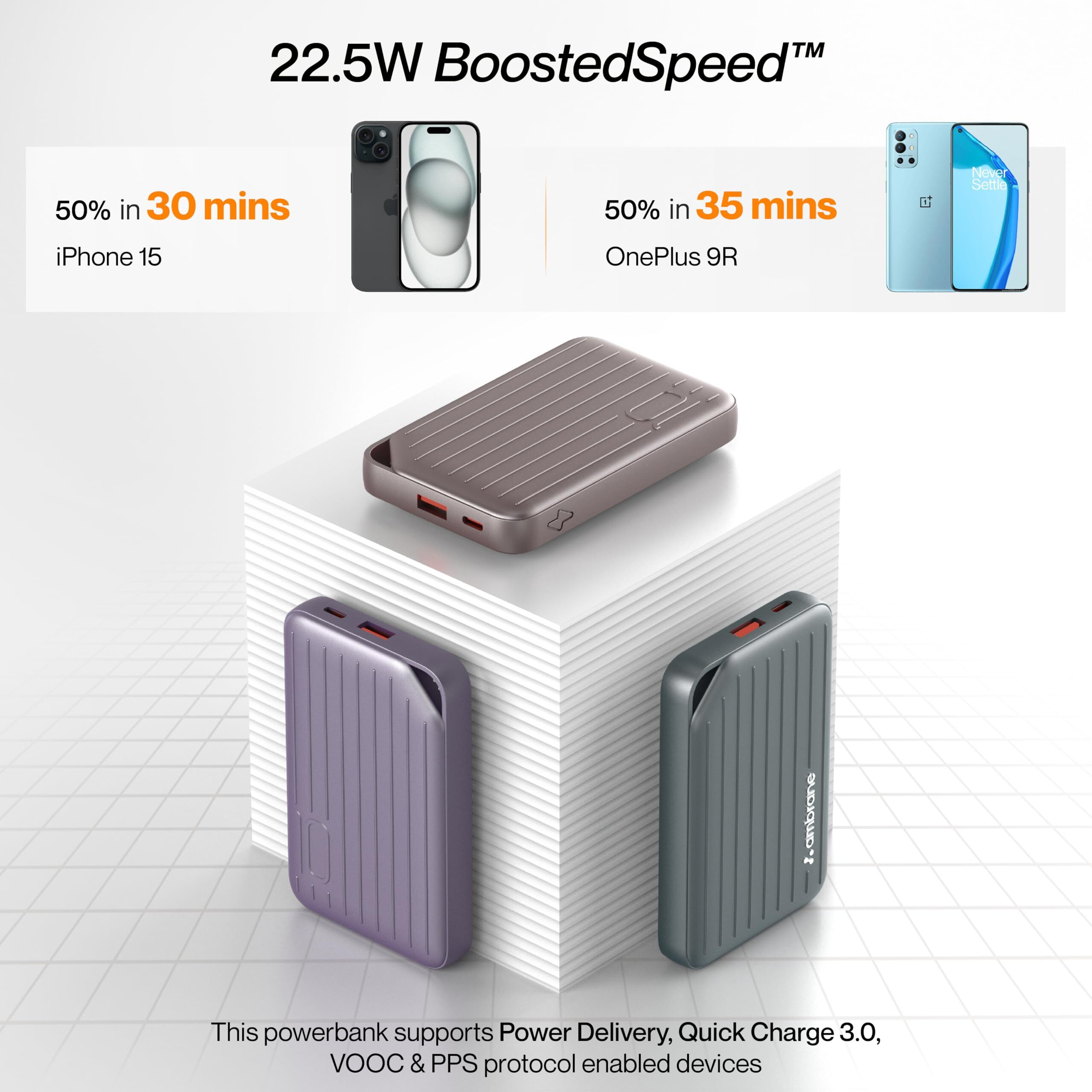 Ambrane 10000mAh Powerbank, Slim & Compact (Pocket & Travel-Friendly) 22.5W Fast Charging, USB & Type C Output, Power Delivery, Compatible with iPhone, Android & Other Devices, (Line-10, Purple)