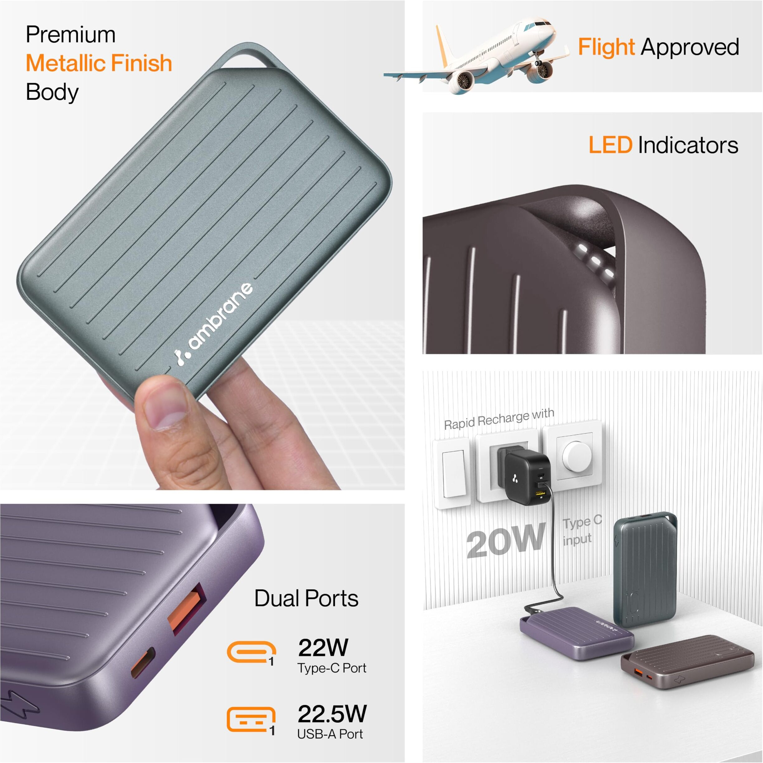 Ambrane 10000mAh Powerbank, Slim & Compact (Pocket & Travel-Friendly) 22.5W Fast Charging, USB & Type C Output, Power Delivery, Compatible with iPhone, Android & Other Devices, (Line-10, Purple)