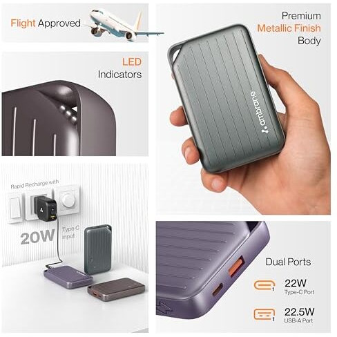 Ambrane 20000mAh Compact Powerbank, 22.5W Fast Charging, USB & Type C Output, Power Delivery, (Mini & Pocket Friendly), Compatible with iPhone, Android, Other Devices, LED Indicator (Line 20, Purple)