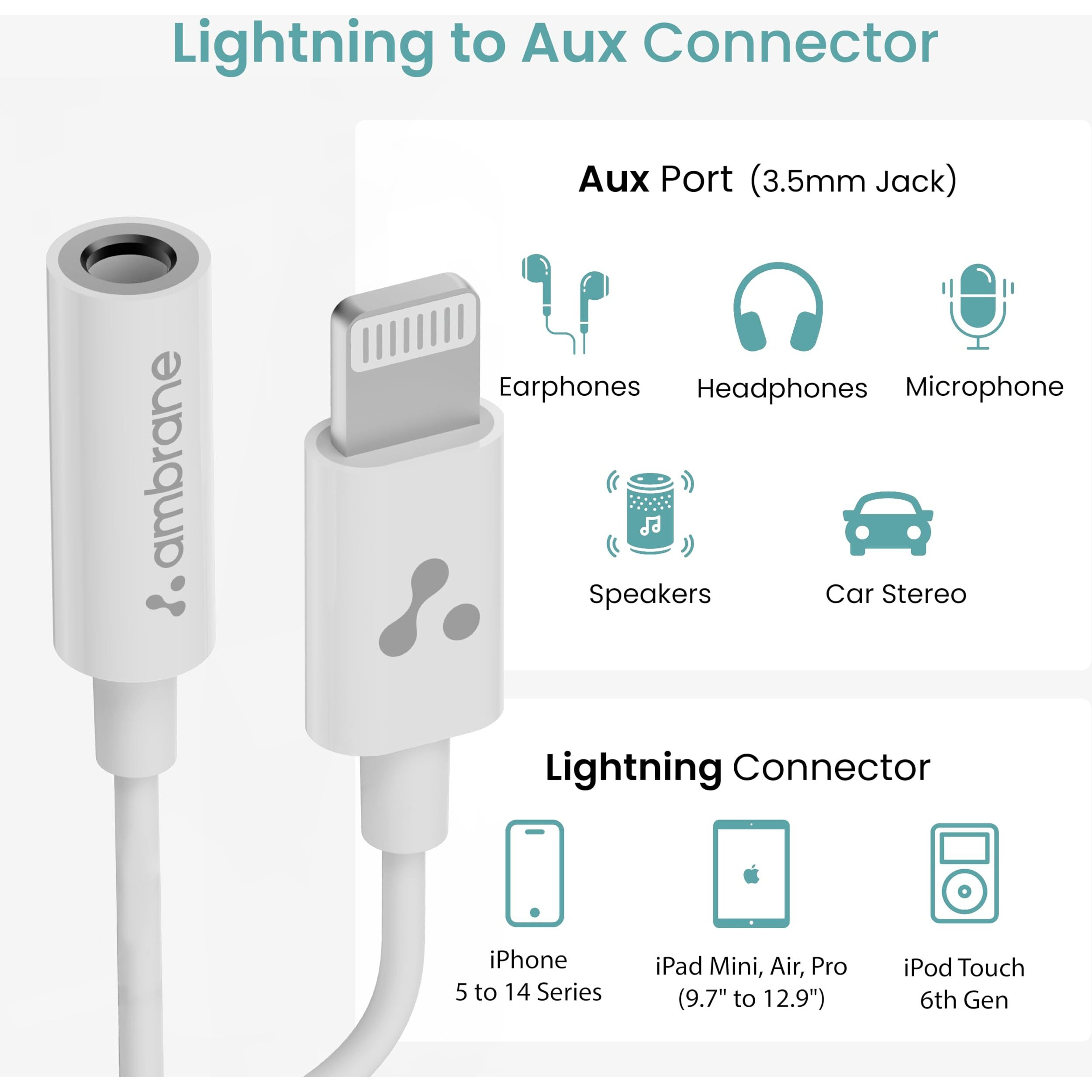 Ambrane Lightning to 3.5mm Audio Earphones Jack Adapter | AUX Cable, Port Converter for iPhone 14, 13, 12, 11, X, XS, 8, 7, 6S, SE, iPod, iPad | Headphone & Car Stereo Connector | White (AOTG-L1)