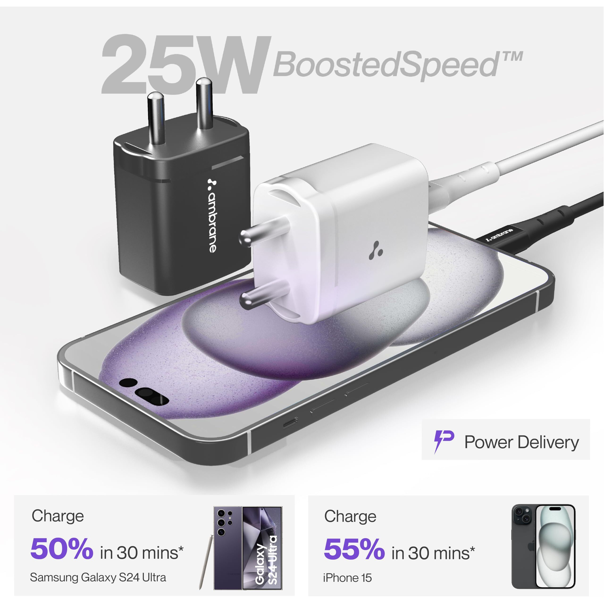 Ambrane 25W Type C Mobile Charger Adapter, Fast PPS Type C Charging for Samsung Smartphones, iPhone 15/14/13/12/11/X & Pro, Max Series & Other Type C Devices, PD Technology (Charge 25, White)
