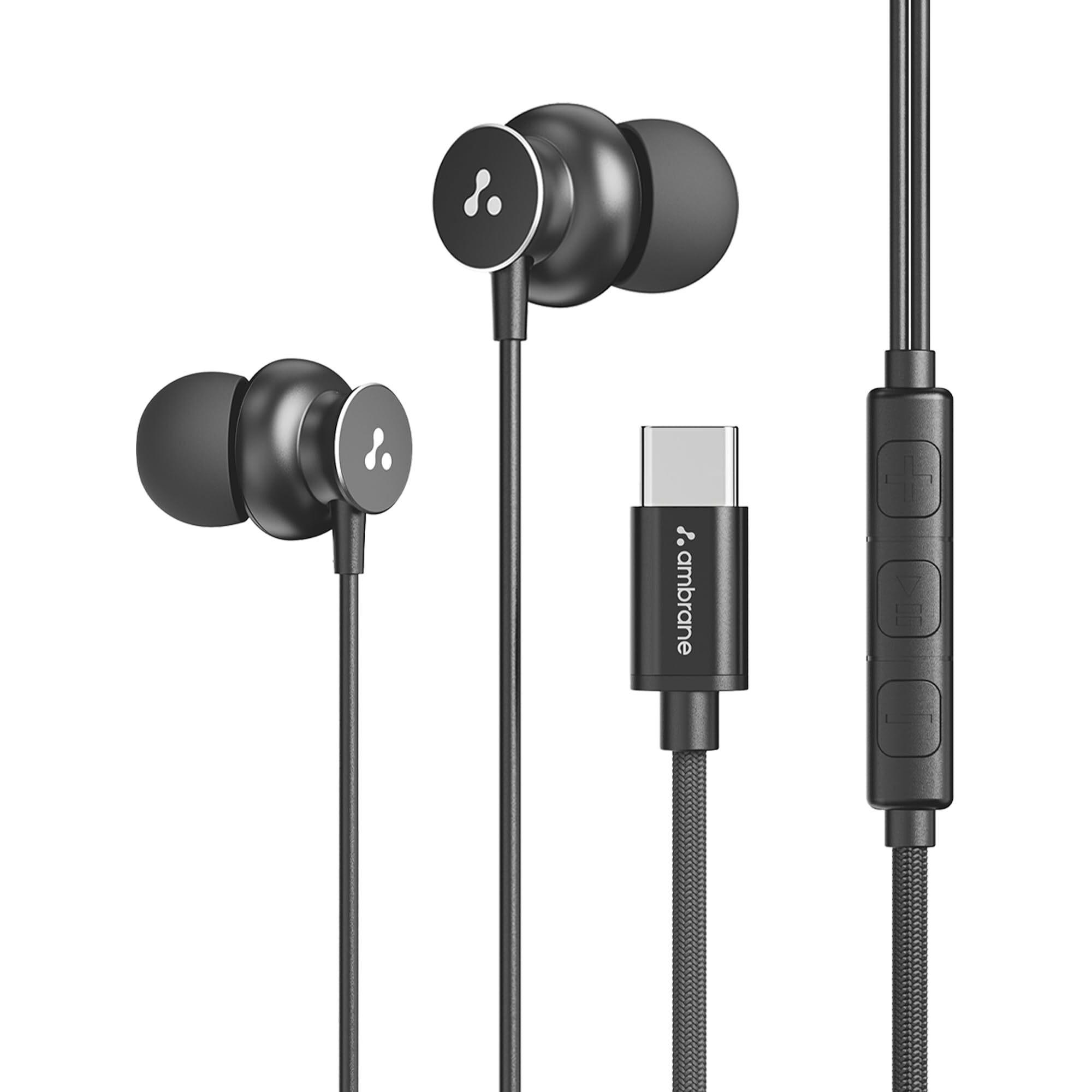 Ambrane Type C Wired in Ear Earphones with in-Line Mic for Clear Calling,1.2M Cable,10Mm Dynamic Drivers for Boostedbass,Control Buttons for iPhone 15,Samsung&Type C Devices(Stringz 38C,Black)