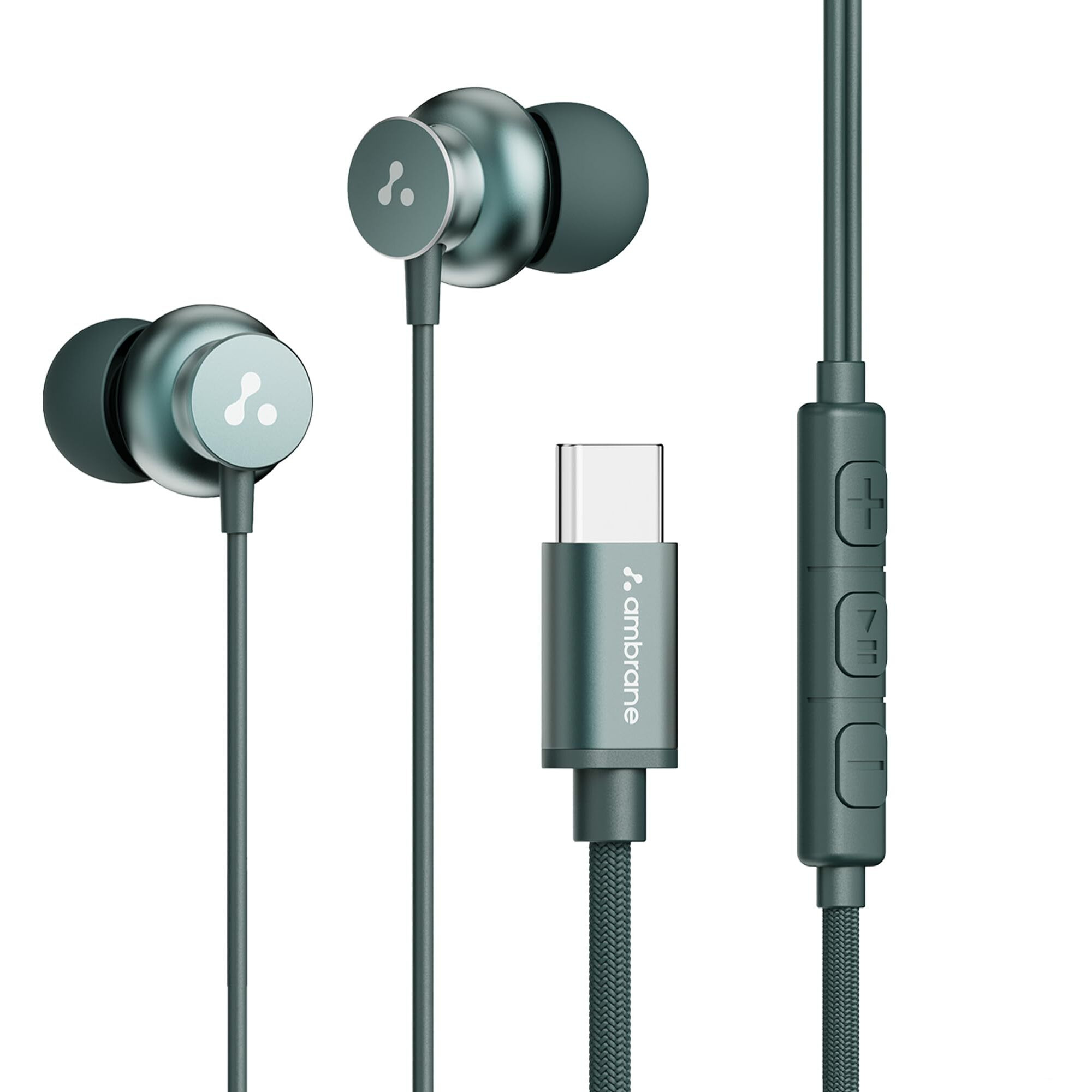 Ambrane Type C Wired in Ear Earphones with in-Line Mic for Clear Calling,1.2M Cable,10Mm Dynamic Drivers for Boostedbass,Control Buttons for iPhone 15,Samsung&Type C Devices(Stringz 38C,Green)