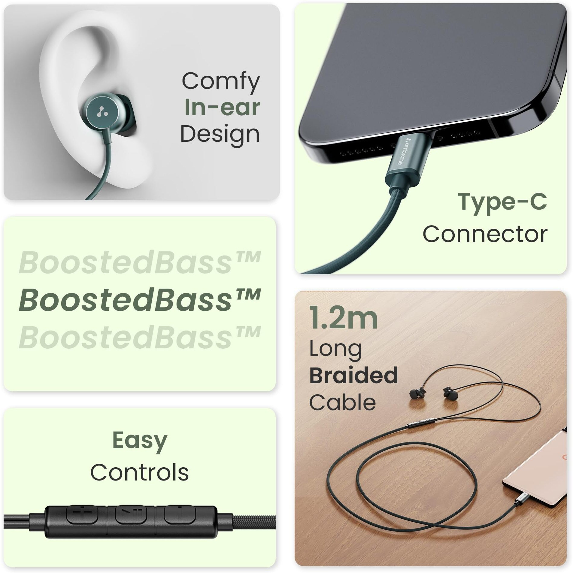 Ambrane Type C Wired in Ear Earphones with in-Line Mic for Clear Calling,1.2M Cable,10Mm Dynamic Drivers for Boostedbass,Control Buttons for iPhone 15,Samsung&Type C Devices(Stringz 38C,Green)