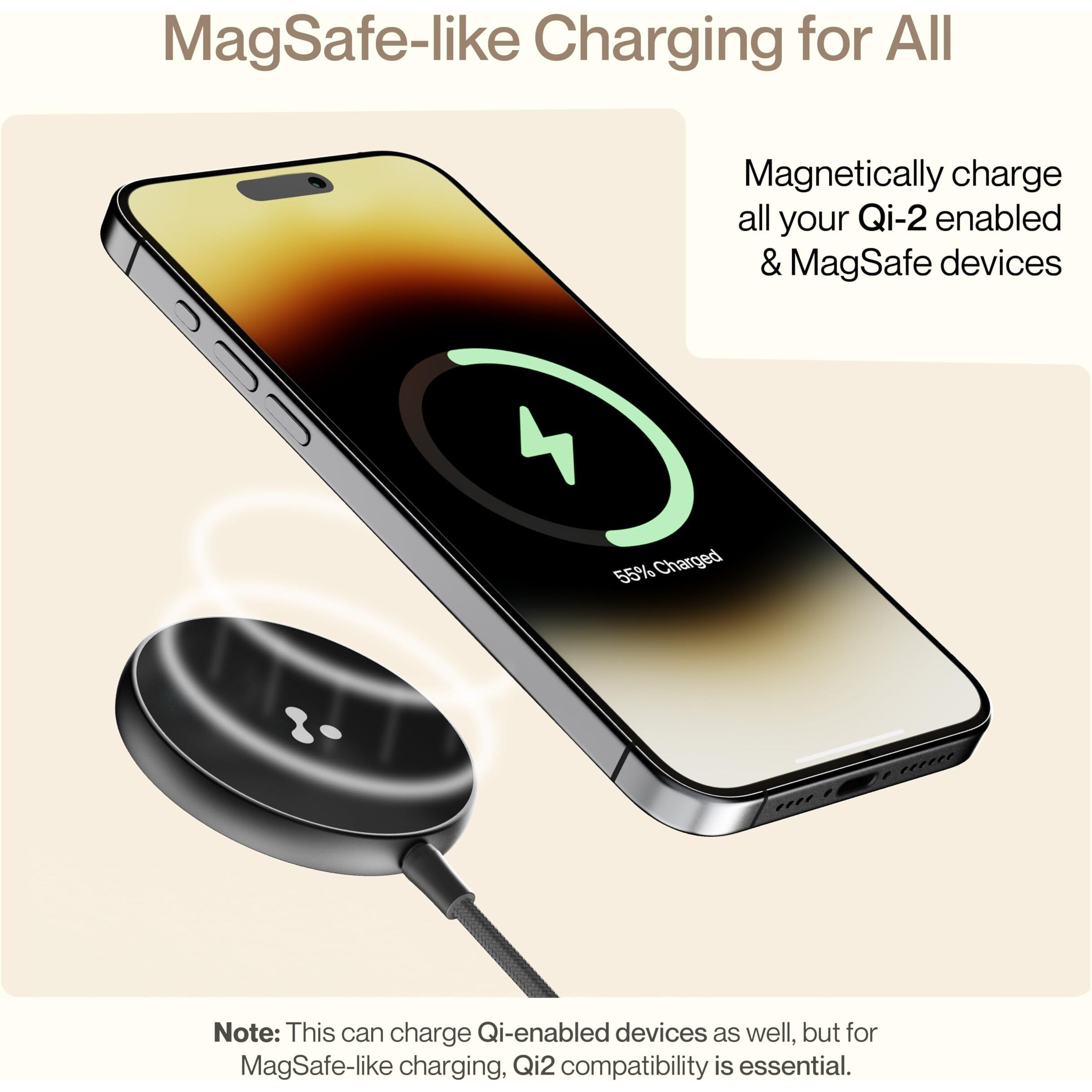 Ambrane 15W Qi-2 & Magsafe Wireless Charger with 60W Type C Cable for iPhone 15/15 Pro/15 Pro Max,iPhone 14/14 Pro/14 Pro Max,iPhone 13/12,Samsung & Other Qi-2 Device + Magnetic Ring (Aerosynq),Black