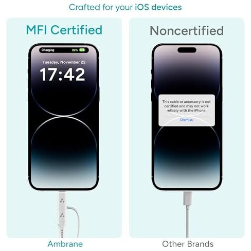 Ambrane 2 in 1 MFi Certified Cable | 60W Type-C & 27W iPhone Fast Charging | Type-C to Lightning, USB-C to USB-C | Compatible with iPhone, Android, Laptops & Other Devices - 4 Ft. (AMCL-Duo-12, White)