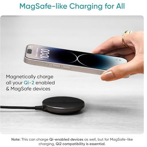 Ambrane 15W Qi-2 MagSafe Wireless Charger with 60W Type C Cable for iPhone 15/15 Pro/15 Pro Max, iPhone 14/14 Pro/14 Pro Max, iPhone 13/12, Samsung & Qi-2 Device + Magnetic Ring (AerosynQ B, White)