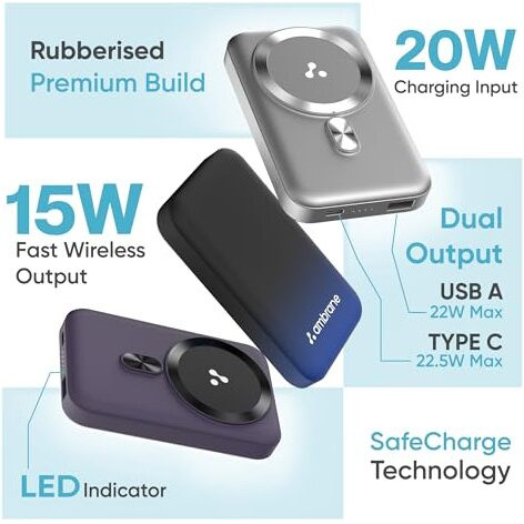 Ambrane Magsafe Wireless 10000Mah Fast Charging Power Bank,Strong Magnet,22.5W Output for iPhone 12 Back Cover & Above,Android & Other Qi Enabled Devices + Magnetic Ring (Aerosync Snap,Silver)