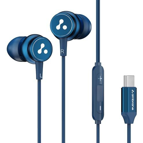Ambrane Type C Wired Earphones with in-Line Mic for Clear Calling, 1.2M Cable, 10Mm Dynamic Drivers for Boostedbass, in Ear, Control Buttons for iPhone 15, Samsung & Type C Devices (Stringz 04, Blue)