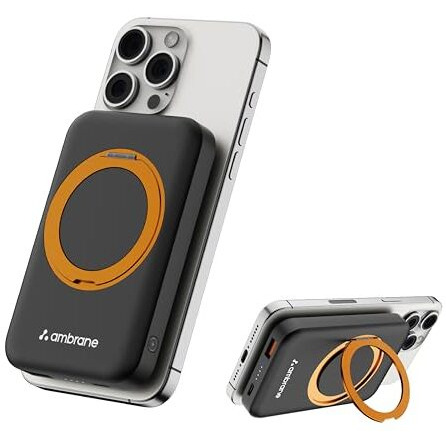 Ambrane MagSafe Wireless 10000mAh Fast Charging Power Bank with Mobile Stand, Strong Magnet, 22.5W Output for iPhone 12 & Above, Android & Other Qi Enabled Device + Magnetic Ring (Mount, Black)