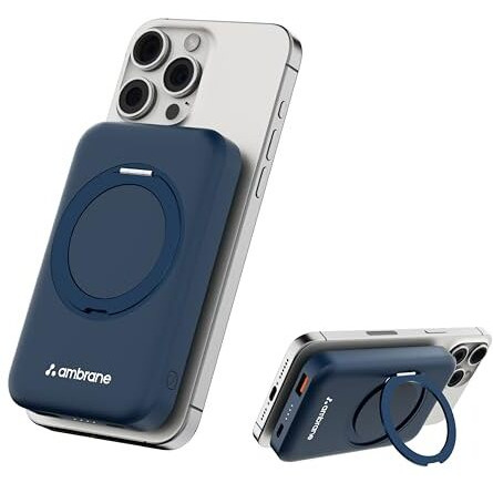 Ambrane MagSafe Wireless 10000mAh Fast Charging Power Bank with Mobile Stand, Strong Magnet, 22.5W Output for iPhone 12 & Above, Android & Other Qi Enabled Device + Magnetic Ring (Mount, Blue)