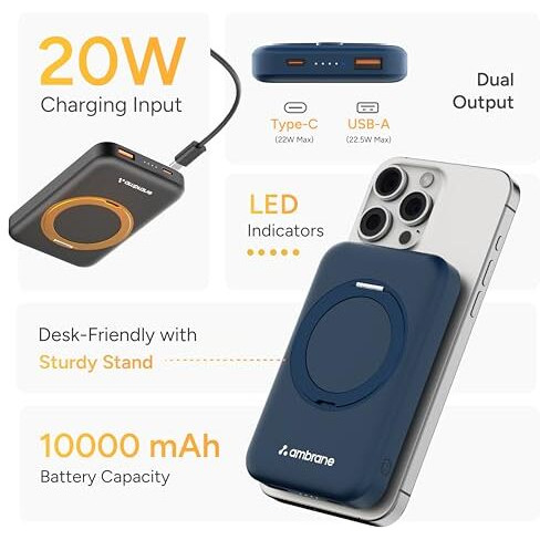 Ambrane MagSafe Wireless 10000mAh Fast Charging Power Bank with Mobile Stand, Strong Magnet, 22.5W Output for iPhone 12 & Above, Android & Other Qi Enabled Device + Magnetic Ring (Mount, Blue)