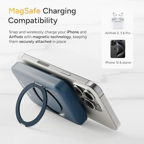 Ambrane MagSafe Wireless 10000mAh Fast Charging Power Bank with Mobile Stand, Strong Magnet, 22.5W Output for iPhone 12 & Above, Android & Other Qi Enabled Device + Magnetic Ring (Mount, Blue)