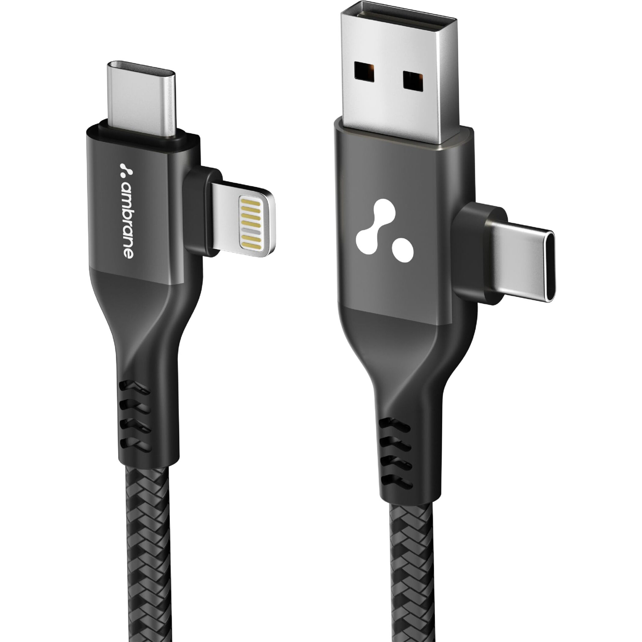 Ambrane 4 in 1 Multi-Functional Charging Cable | Fast Charging & Data Sync | Universal USB, Type-C, Lightning Cable | Compatible with Android, iPhone, Tablets, and USB-C Devices (AC4CL-15,Black)