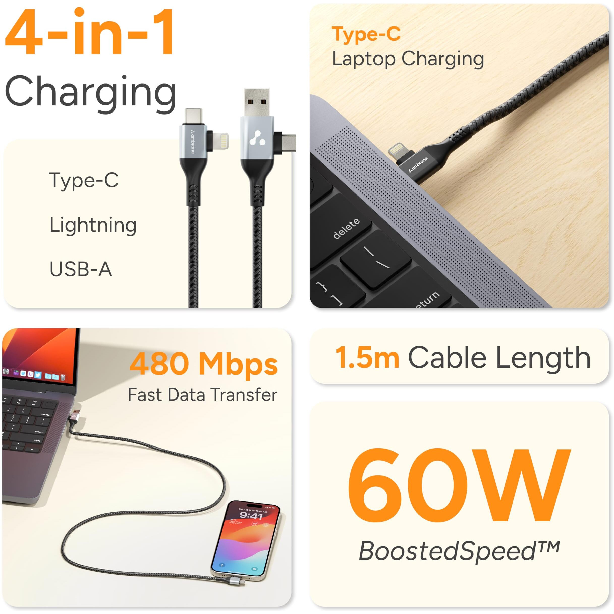 Ambrane 4 in 1 Multi-Functional Charging Cable | Fast Charging & Data Sync | Universal USB, Type-C, Lightning Cable | Compatible with Android, iPhone, Tablets, and USB-C Devices (AC4CL-15,Black)