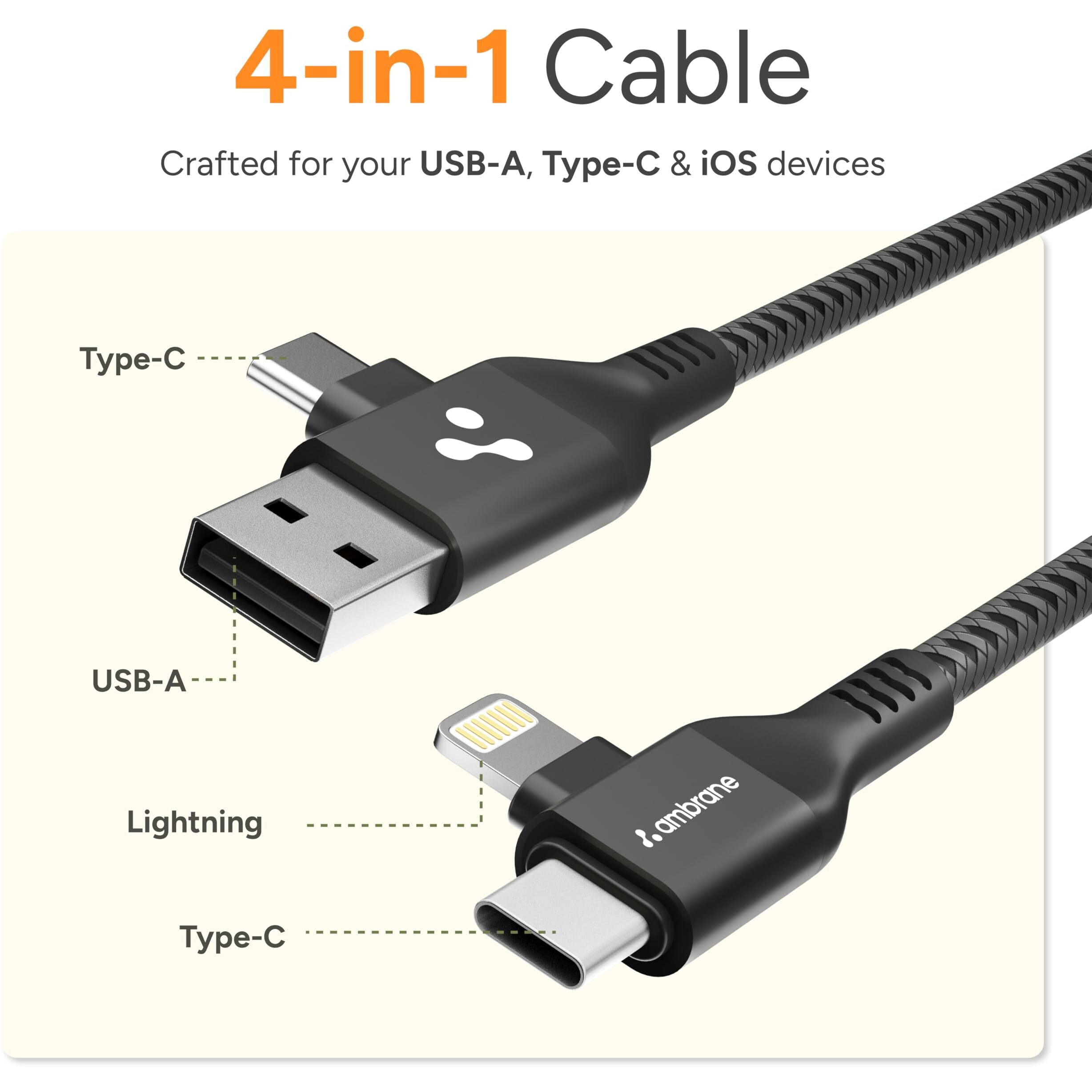 Ambrane 4 in 1 Multi-Functional Charging Cable | Fast Charging & Data Sync | Universal USB, Type-C, Lightning Cable | Compatible with Android, iPhone, Tablets, and USB-C Devices (AC4CL-15,Black)