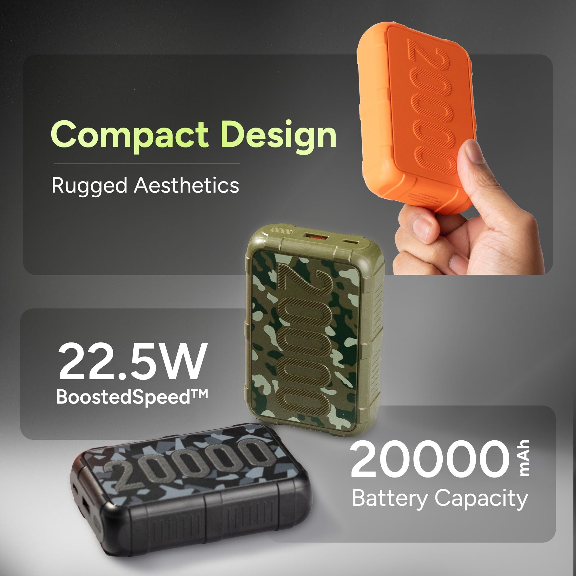 Ambrane 20000mAh Rugged Compact Powerbank, Slim & Lightweight with 22.5W Fast Charging, USB & Type C Output, Power Delivery, Quick Charge for iPhone, Android & Other Devices (Force 20k, Dark Green)