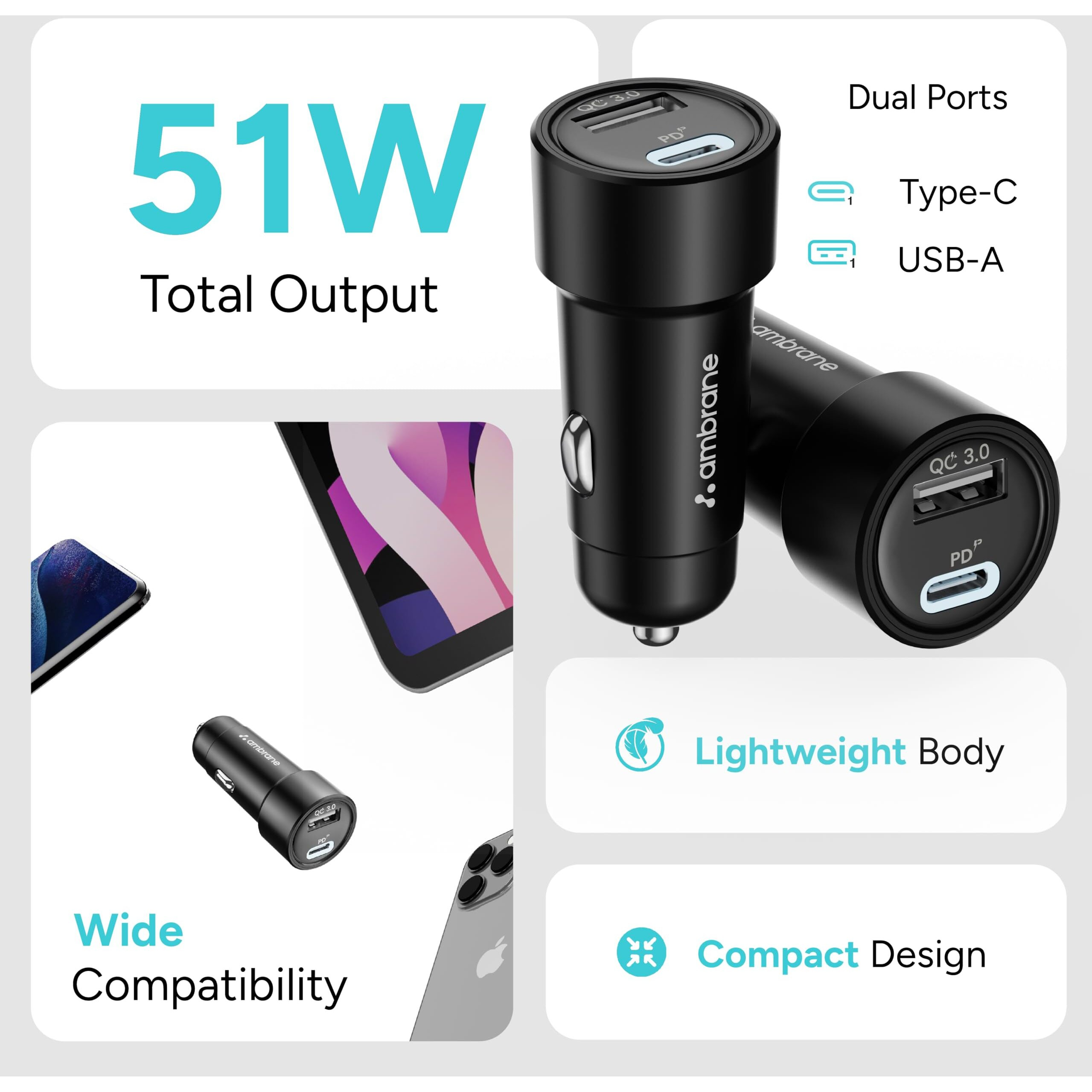 Ambrane 51W Fast Charging Car Charger, Dual Output 33W Type C PD + 18W USB Car Adapter, Quick Charge Car Plug for iPhone, Android, Tablets & More, High-Speed Compact Car Power Charger (Black, C51)