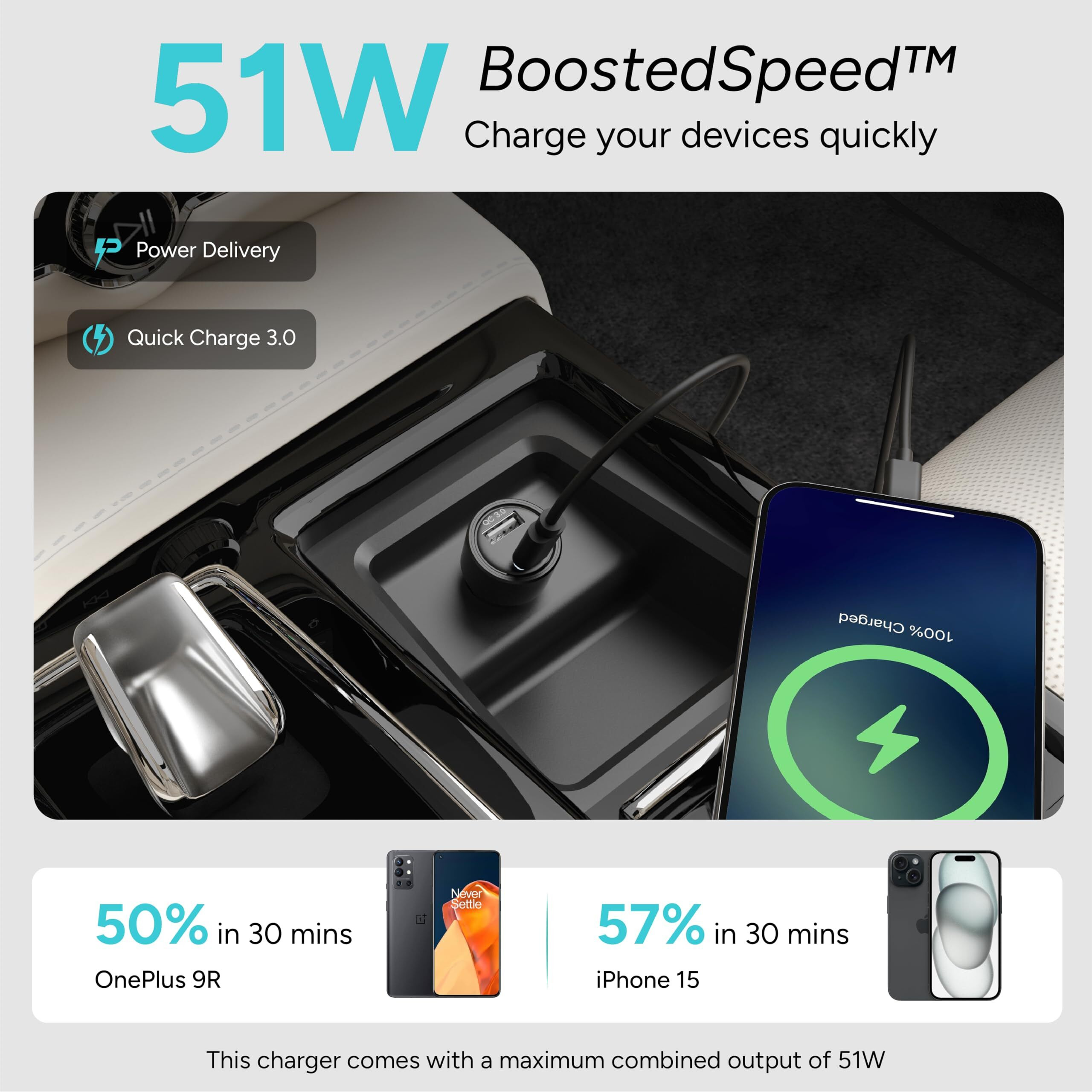 Ambrane 51W Fast Charging Car Charger, Dual Output 33W Type C PD + 18W USB Car Adapter, Quick Charge Car Plug for iPhone, Android, Tablets & More, High-Speed Compact Car Power Charger (Black, C51)
