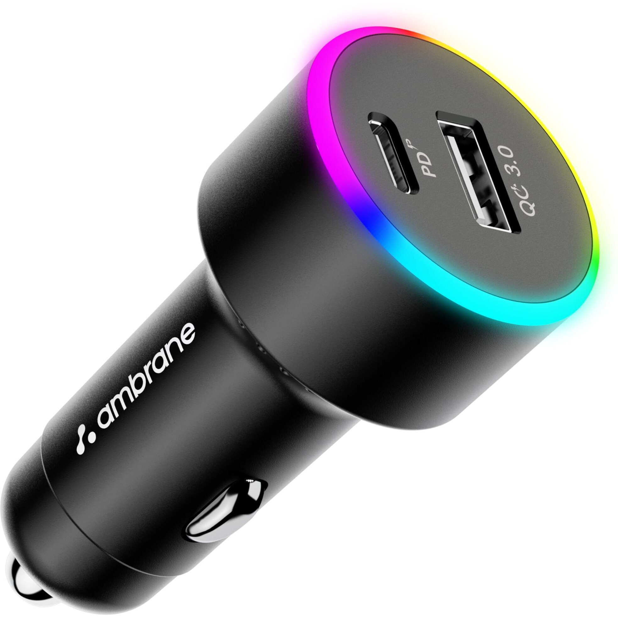 Ambrane 85W Car Charger, Mobile & Laptop Charging (Macbook & Type C Laptops), RGB Light, Dual Port Fast Charging, 65W Type C PD, 20W USB, Works with iPhone, Android, iPad & other Devices (Black, C85R)