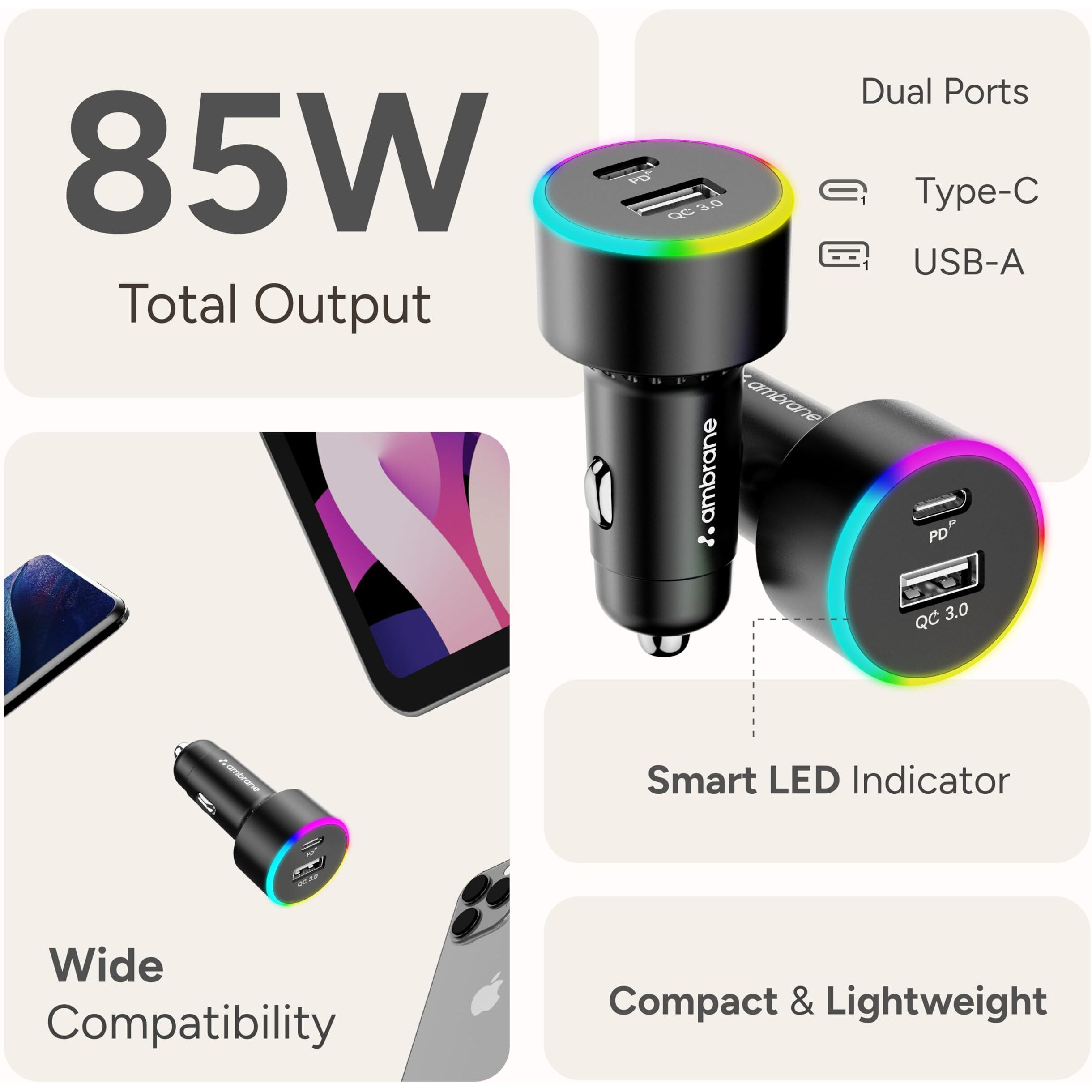 Ambrane 85W Car Charger, Mobile & Laptop Charging (Macbook & Type C Laptops), RGB Light, Dual Port Fast Charging, 65W Type C PD, 20W USB, Works with iPhone, Android, iPad & other Devices (Black, C85R)