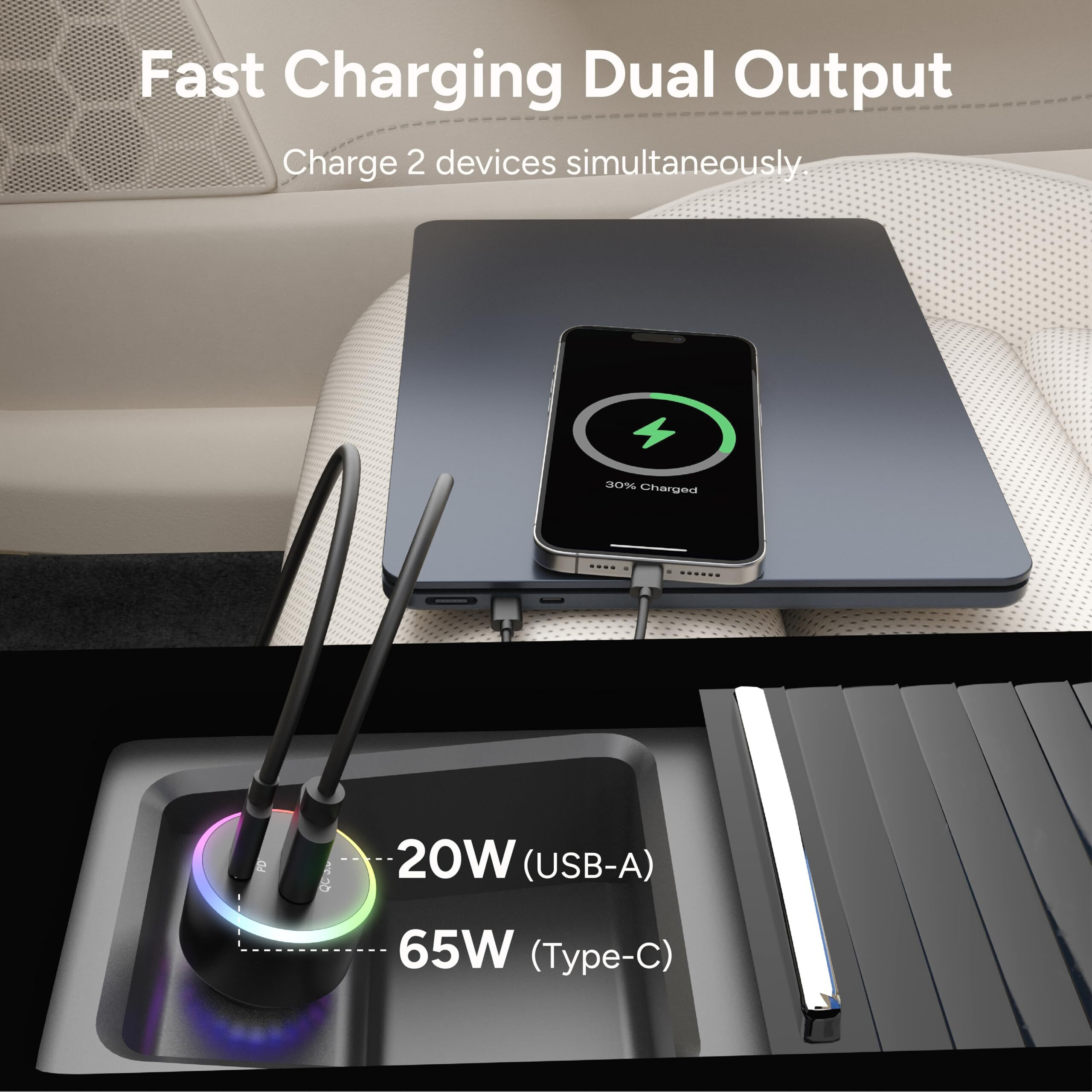 Ambrane 85W Car Charger, Mobile & Laptop Charging (Macbook & Type C Laptops), RGB Light, Dual Port Fast Charging, 65W Type C PD, 20W USB, Works with iPhone, Android, iPad & other Devices (Black, C85R)