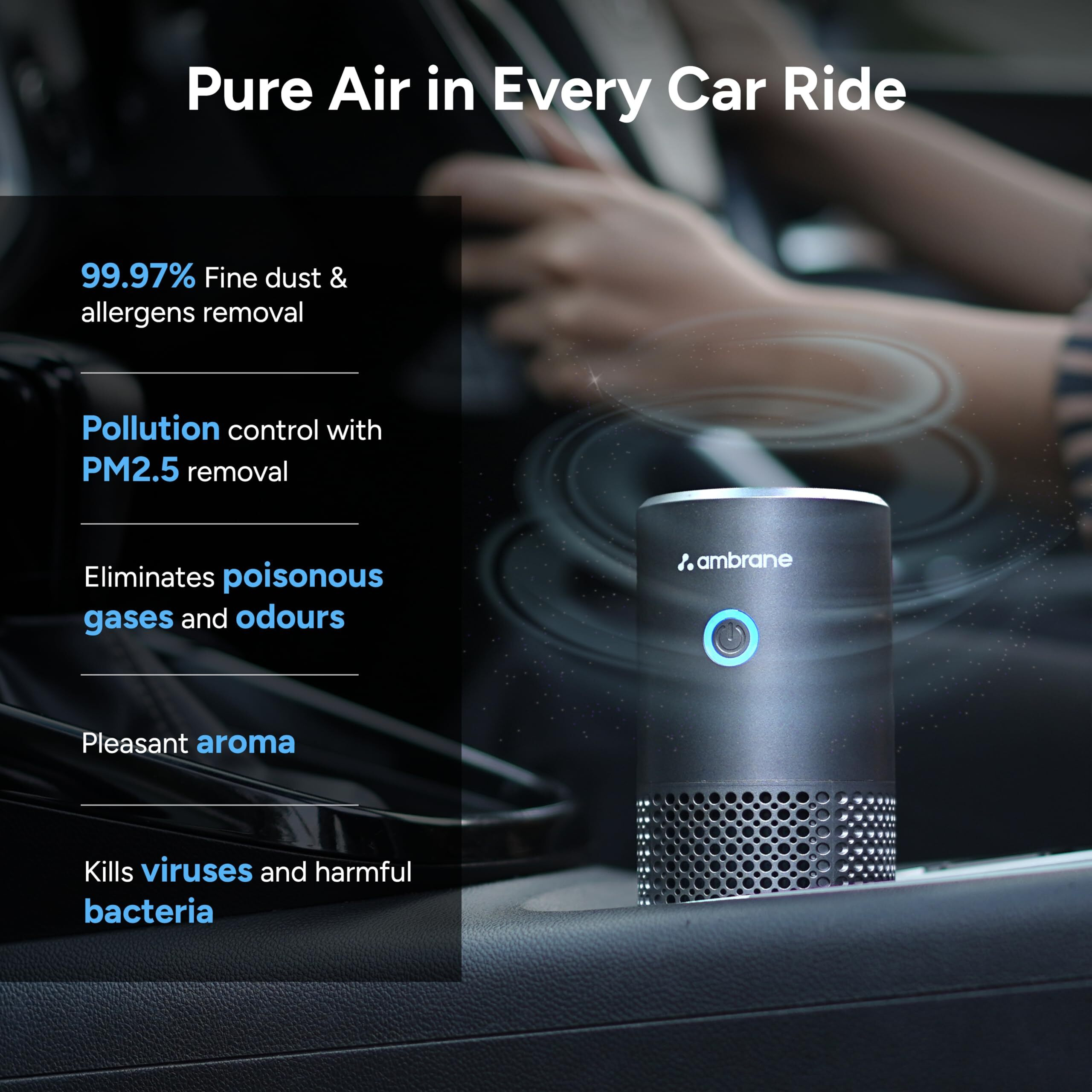 Ambrane Car Air Purifier, 4-Layer HEPA13 Filtration, Negative Ions, Activated Carbon, Removes Pollution, Virus, Dust, 2-in-1 Aroma Diffuser, Compact & Quiet, Adjustable Airflow (AeroBliss Auto, Grey)