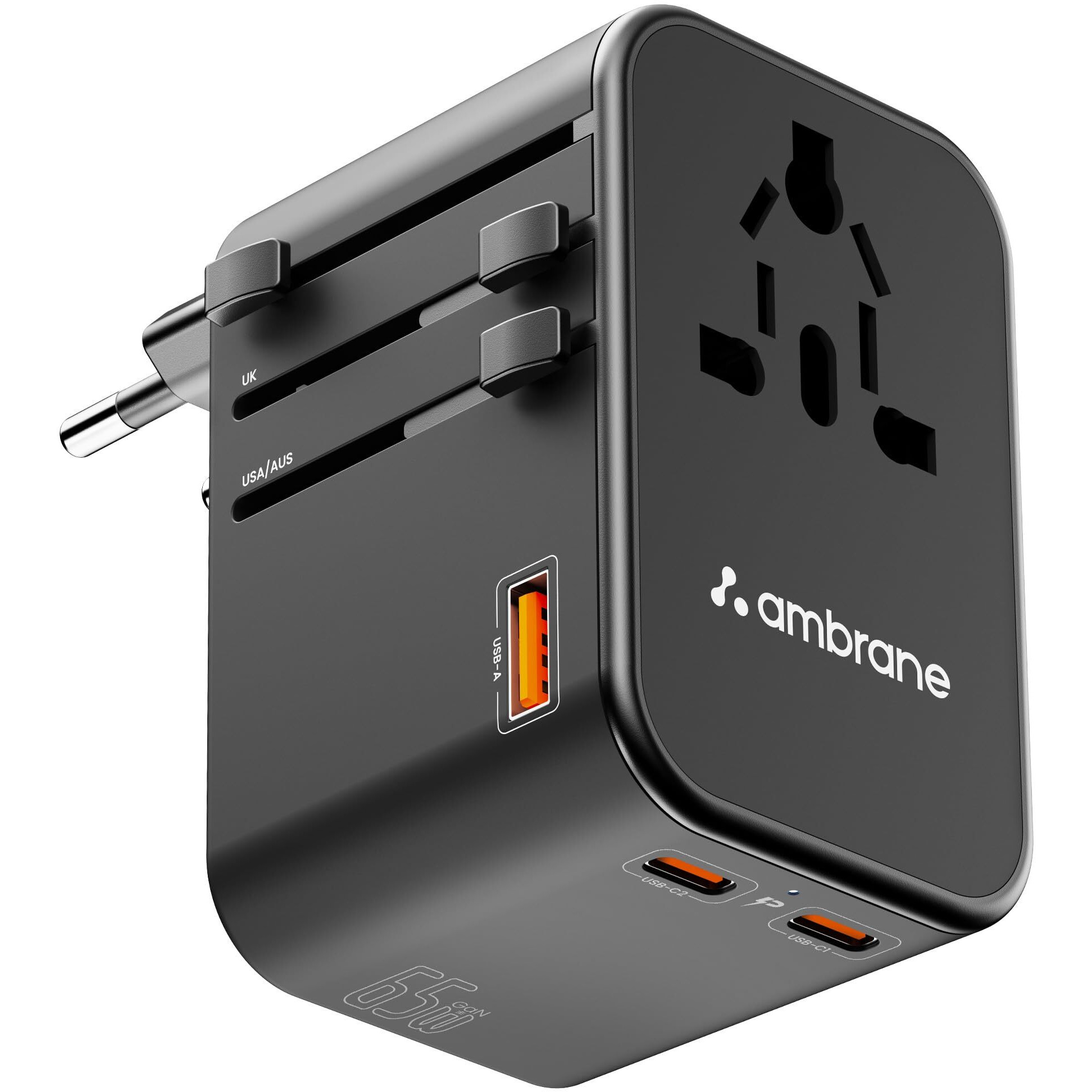 Ambrane Universal Travel Adapter Charger with 65W Laptop/MacBook Charging & Mobile Charging, Works Worldwide (EU,UK,USA,AUS,Others) AC Sockets, USB & Type C, International Adapter (ATA-02, Black)