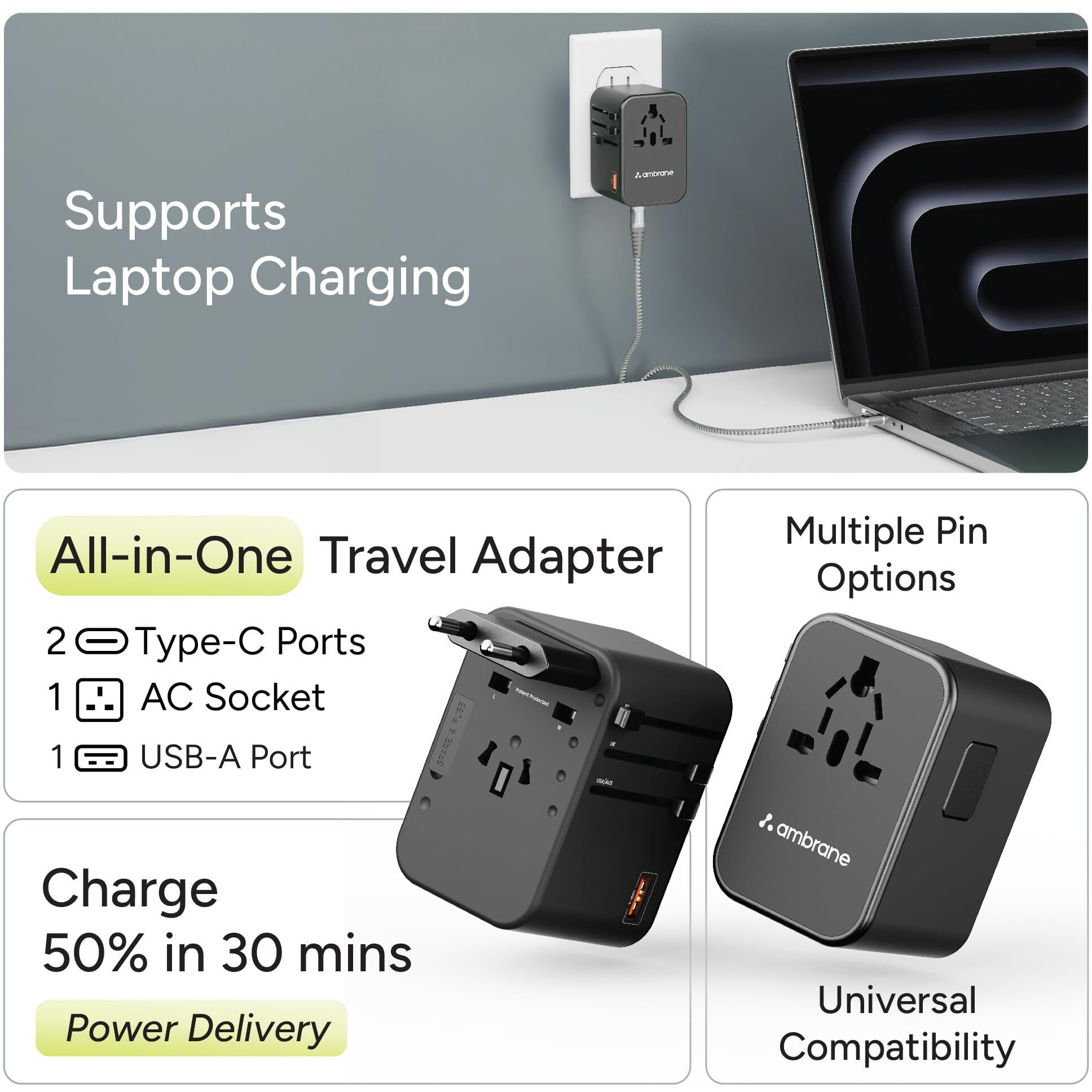 Ambrane Universal Travel Adapter Charger with 65W Laptop/MacBook Charging & Mobile Charging, Works Worldwide (EU,UK,USA,AUS,Others) AC Sockets, USB & Type C, International Adapter (ATA-02, Black)