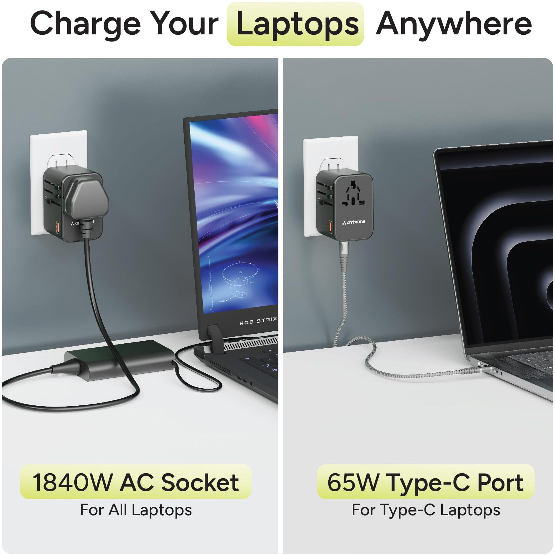 Ambrane Universal Travel Adapter Charger with 65W Laptop/MacBook Charging & Mobile Charging, Works Worldwide (EU,UK,USA,AUS,Others) AC Sockets, USB & Type C, International Adapter (ATA-02, Black)