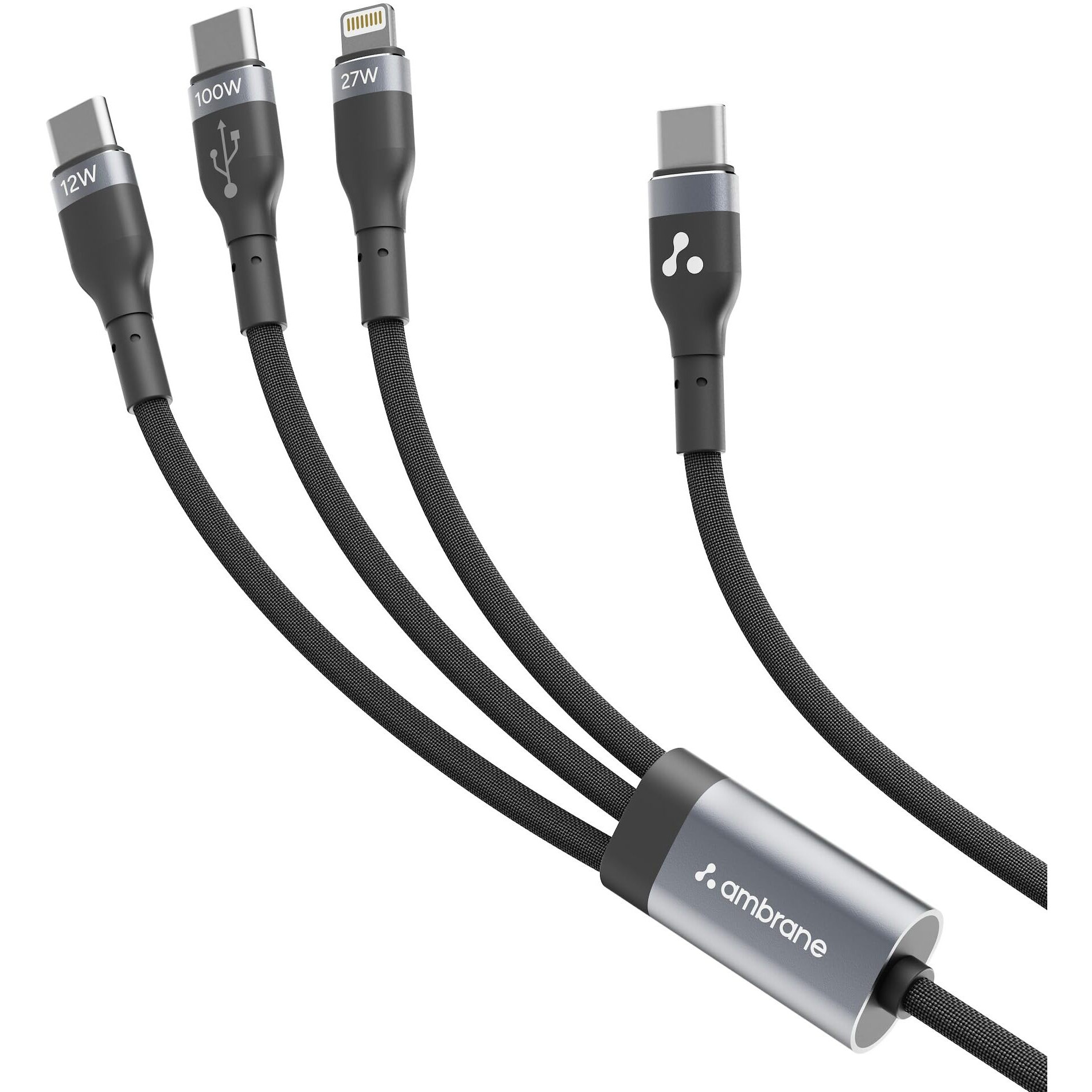 AMBRANE 3 in 1 100W Fast Charging Cable, 3Amp Multi Charger Cable for Micro USB, iOS and Type-C Devices, 480 Mbps Data Transfer Rate for Mobile Tablet PC Laptop Android Smartphone with 1.2meter cable