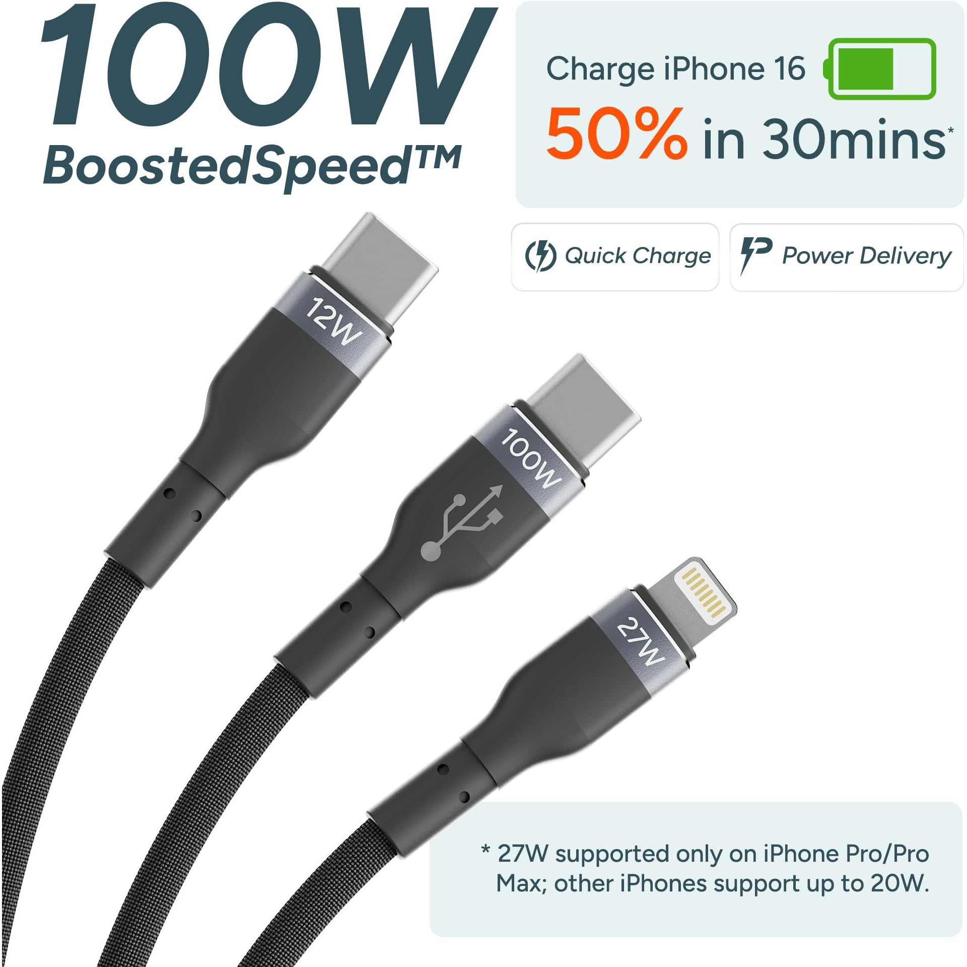 AMBRANE 3 in 1 100W Fast Charging Cable, 3Amp Multi Charger Cable for Micro USB, iOS and Type-C Devices, 480 Mbps Data Transfer Rate for Mobile Tablet PC Laptop Android Smartphone with 1.2meter cable